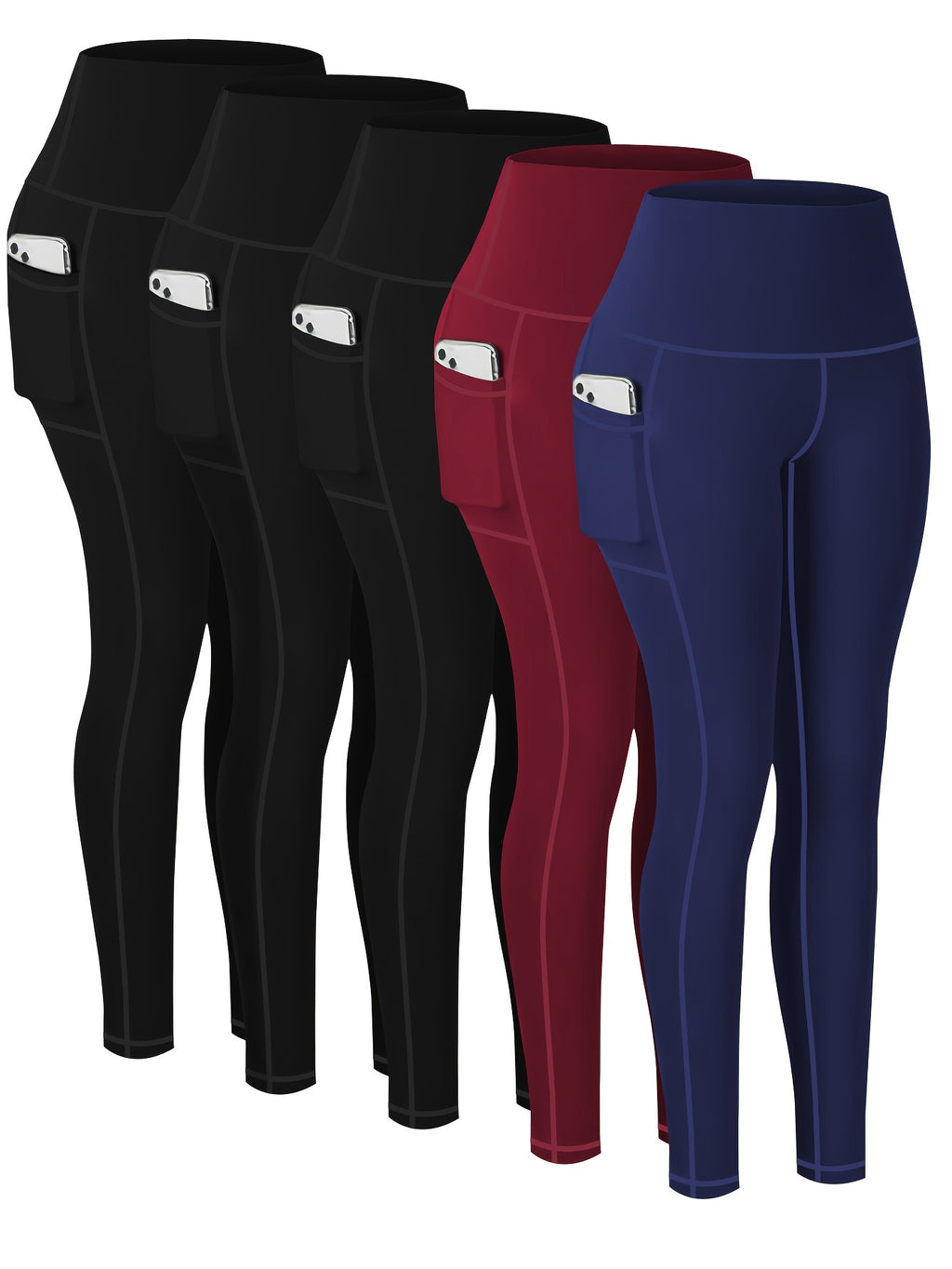 5 pairs - Women's Plus Size Sports Leggings - High-Waisted Cropped Yoga Pants with Pockets - Fitness Running Compression Tights For Women, High-Waisted Cropped Yoga Pants With Pockets, Fitness Running Compression Tights