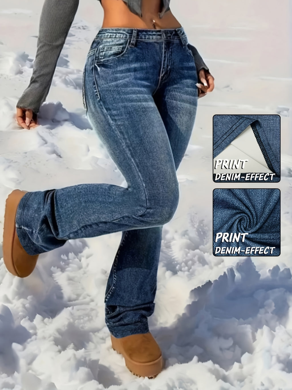 Women's High-Waisted Stretch Imitation Denim Bell-Bottom Jeans