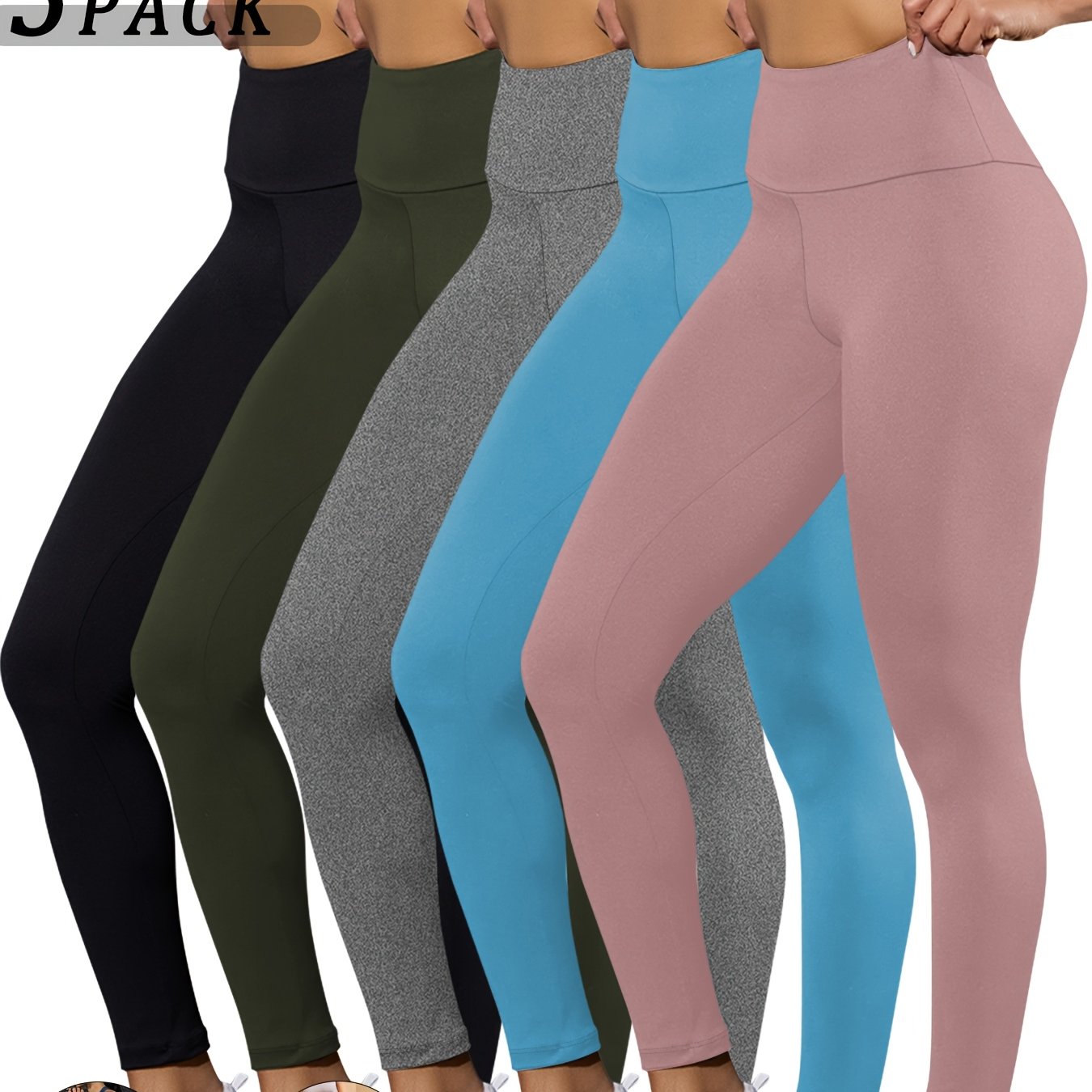 5 pairs - Super Soft Leggings for Women - High Waisted Tummy Control - No See Through Workout, Yoga, Running, Pants Leggings