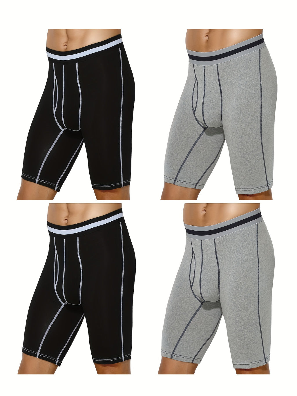 4 pairs - Men's Cotton Boxer Briefs with Open Fly Pouch - Long Leg - Slimming Shapewear - Moisture Wicking &amp; Breathable - Ideal for Sports &amp; Cycling - Stretchy Support in Black, White, Red, Navy
