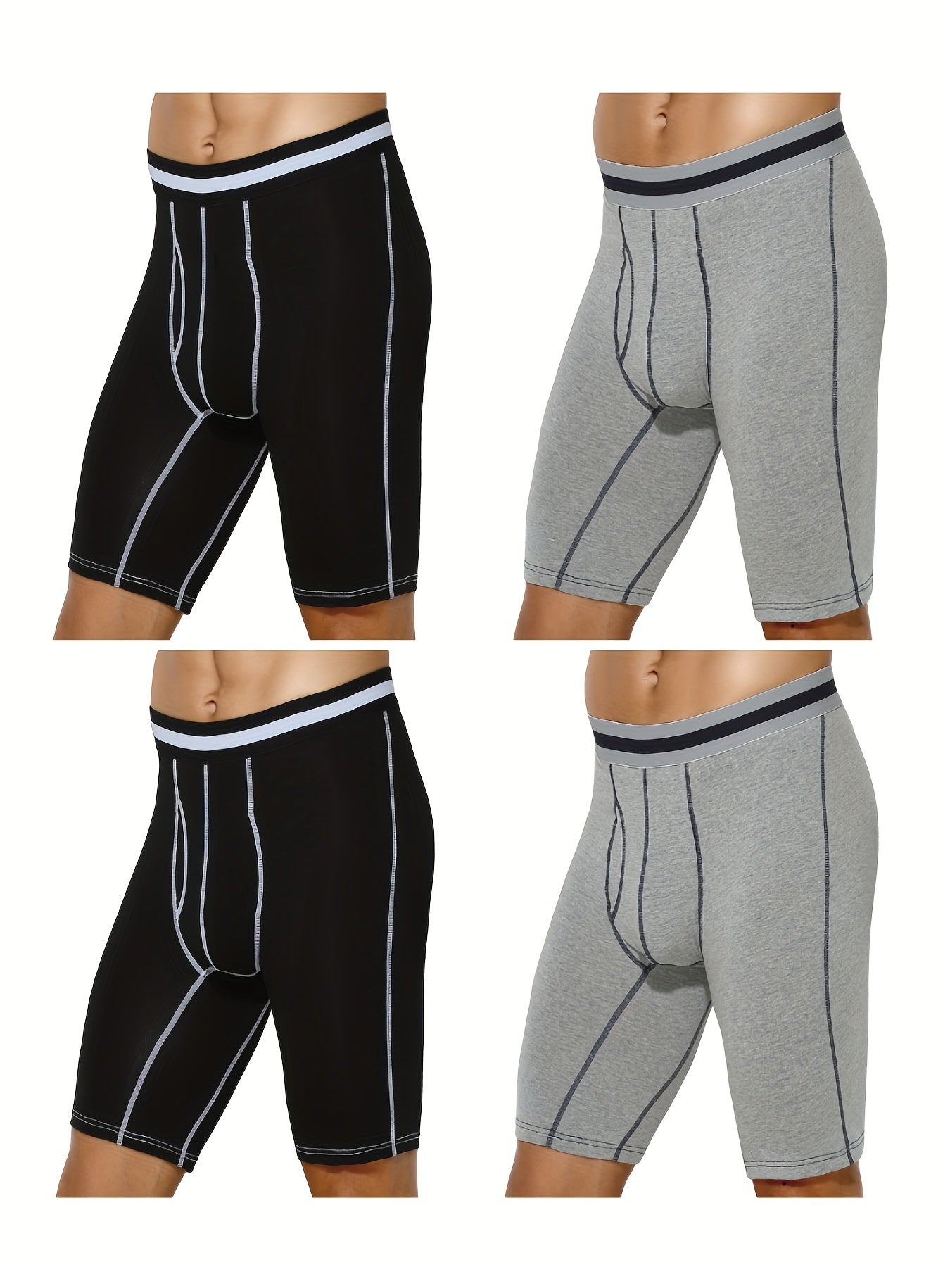 4 pairs - Men's Cotton Boxer Briefs with Open Fly Pouch - Long Leg - Slimming Shapewear - Moisture Wicking &amp; Breathable - Ideal for Sports &amp; Cycling - Stretchy Support in Black, White, Red, Navy
