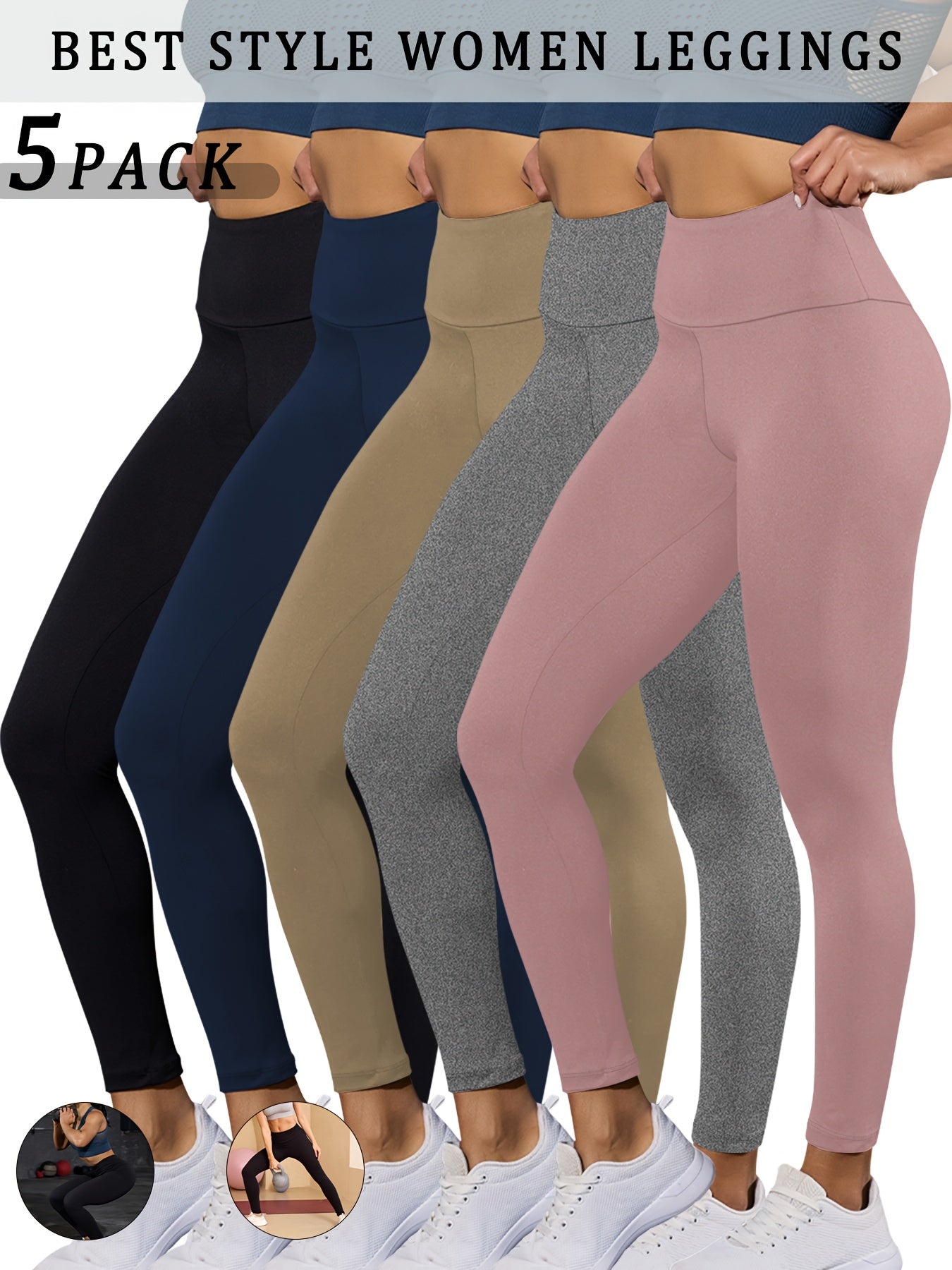 5 pairs - Super Soft Leggings for Women - High Waisted Tummy Control - No See Through Workout, Yoga, Running, Pants Leggings