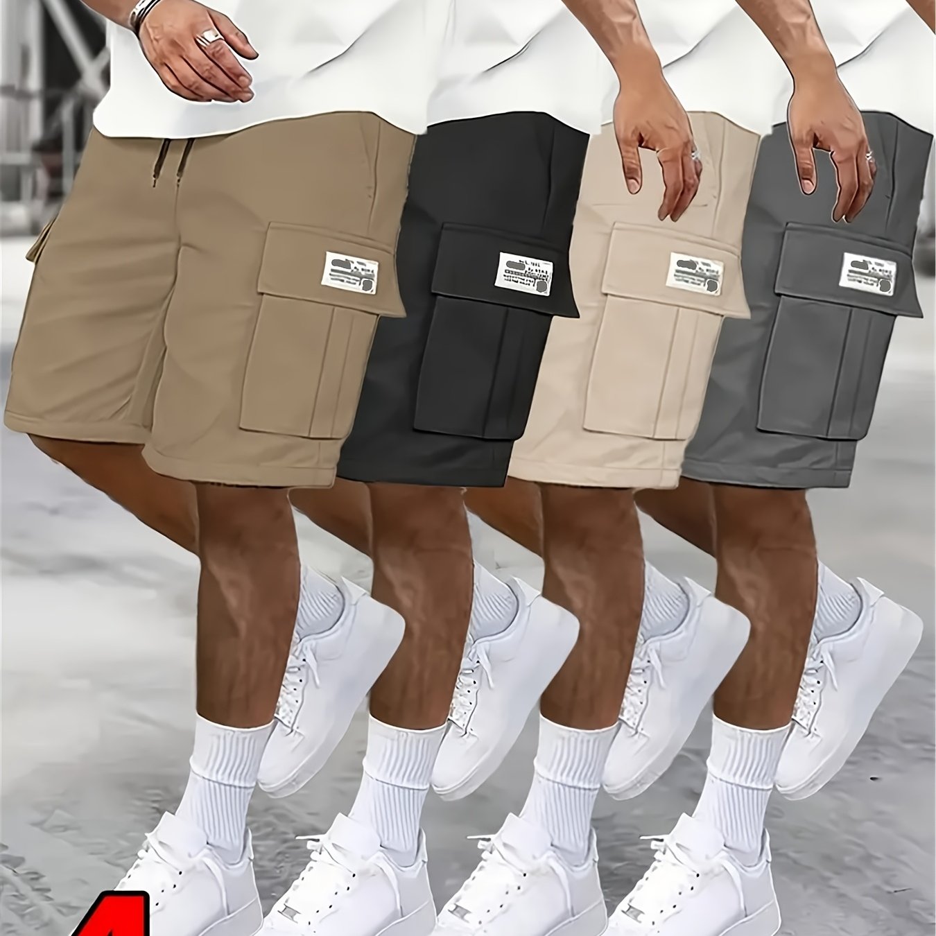 4 pairs - Men's shorts, casual loose shorts, perfect choice, large pocket workwear shorts, summer workwear shorts