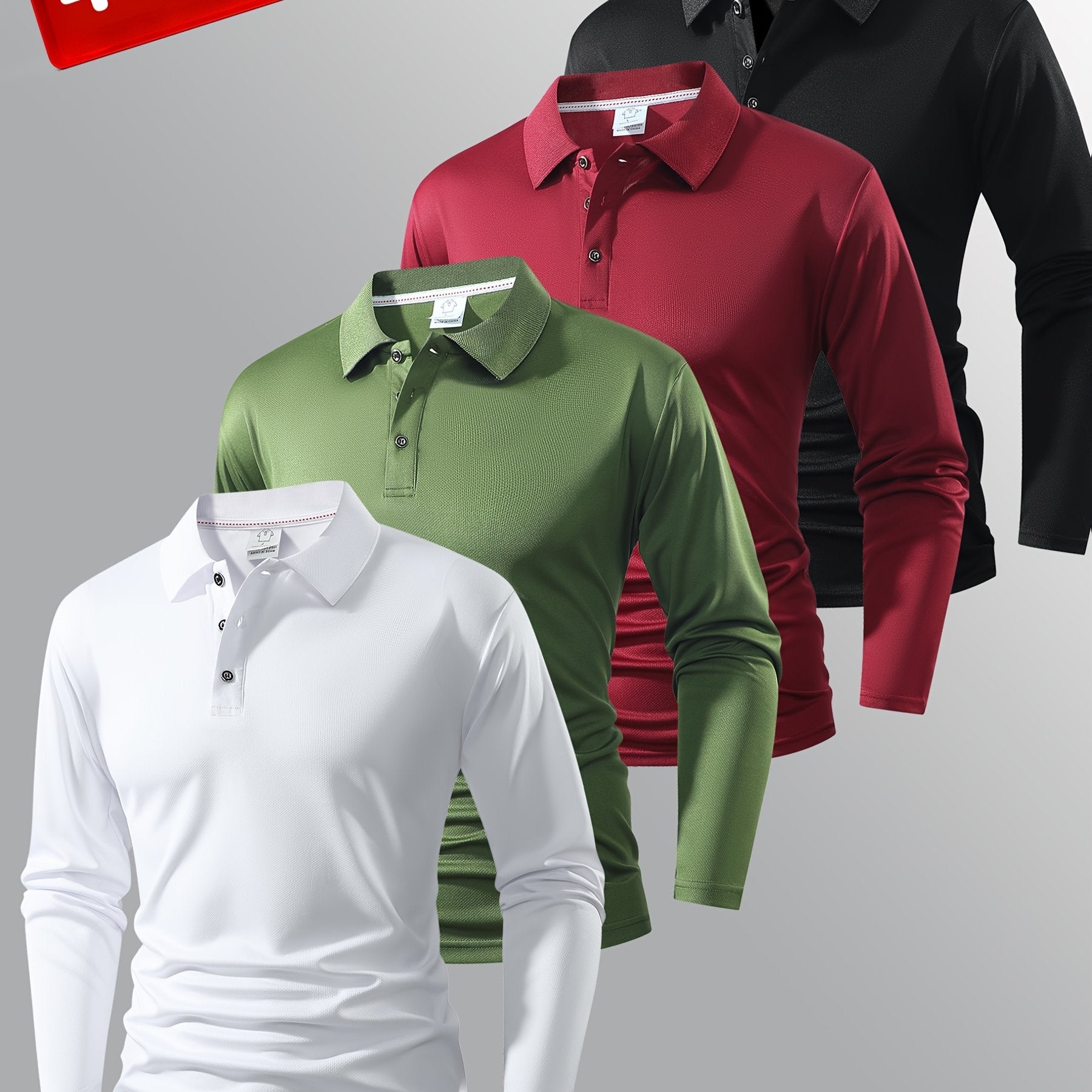 4 Men's Long-Sleeved Polo Shirts - Multiple Colors - Classic Solid Color Design - Versatile and Fashionable Men's Polo Collared Shirts