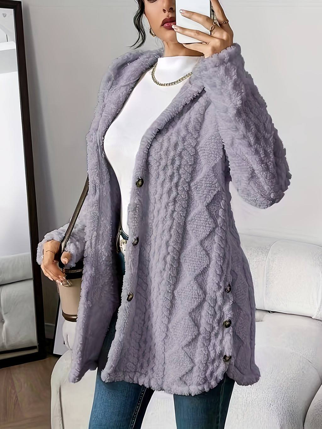 Jacquard Plush Hooded Cardigan Coat