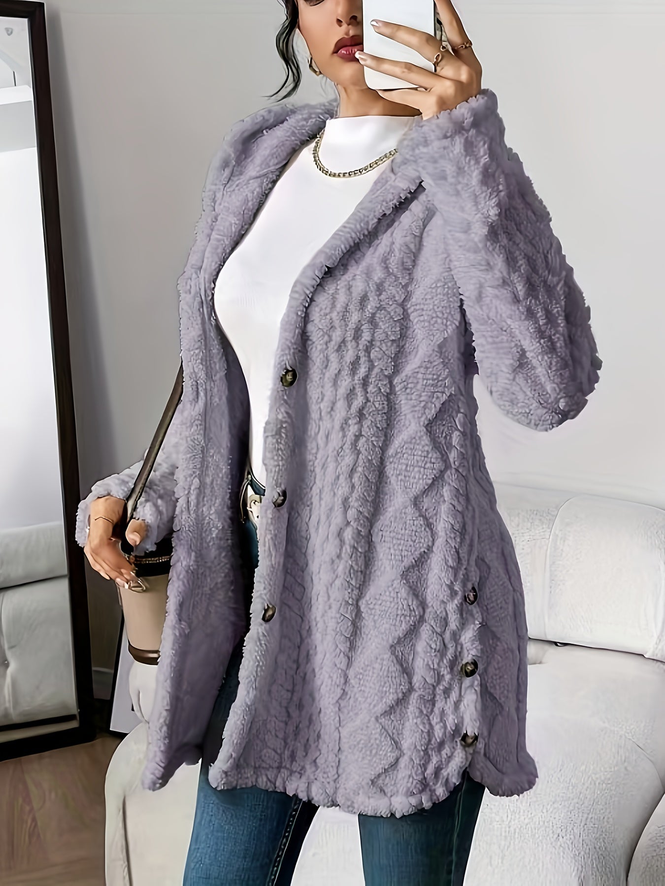 Jacquard Plush Hooded Cardigan Coat