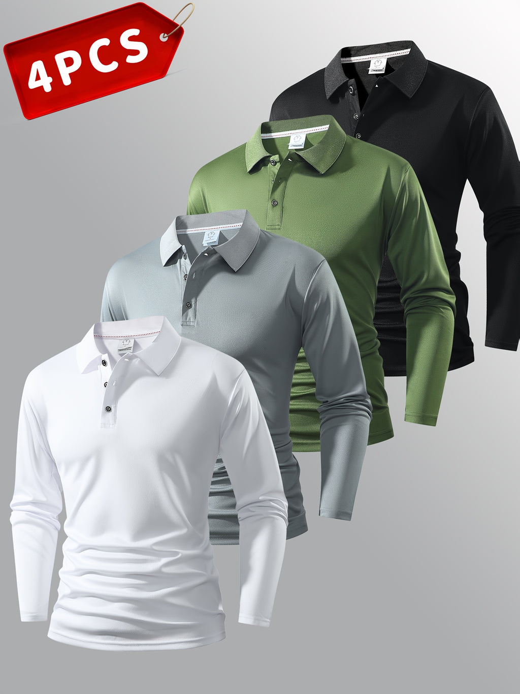 4 Men's Long-Sleeved Polo Shirts - Multiple Colors - Classic Solid Color Design - Versatile and Fashionable Men's Polo Collared Shirts