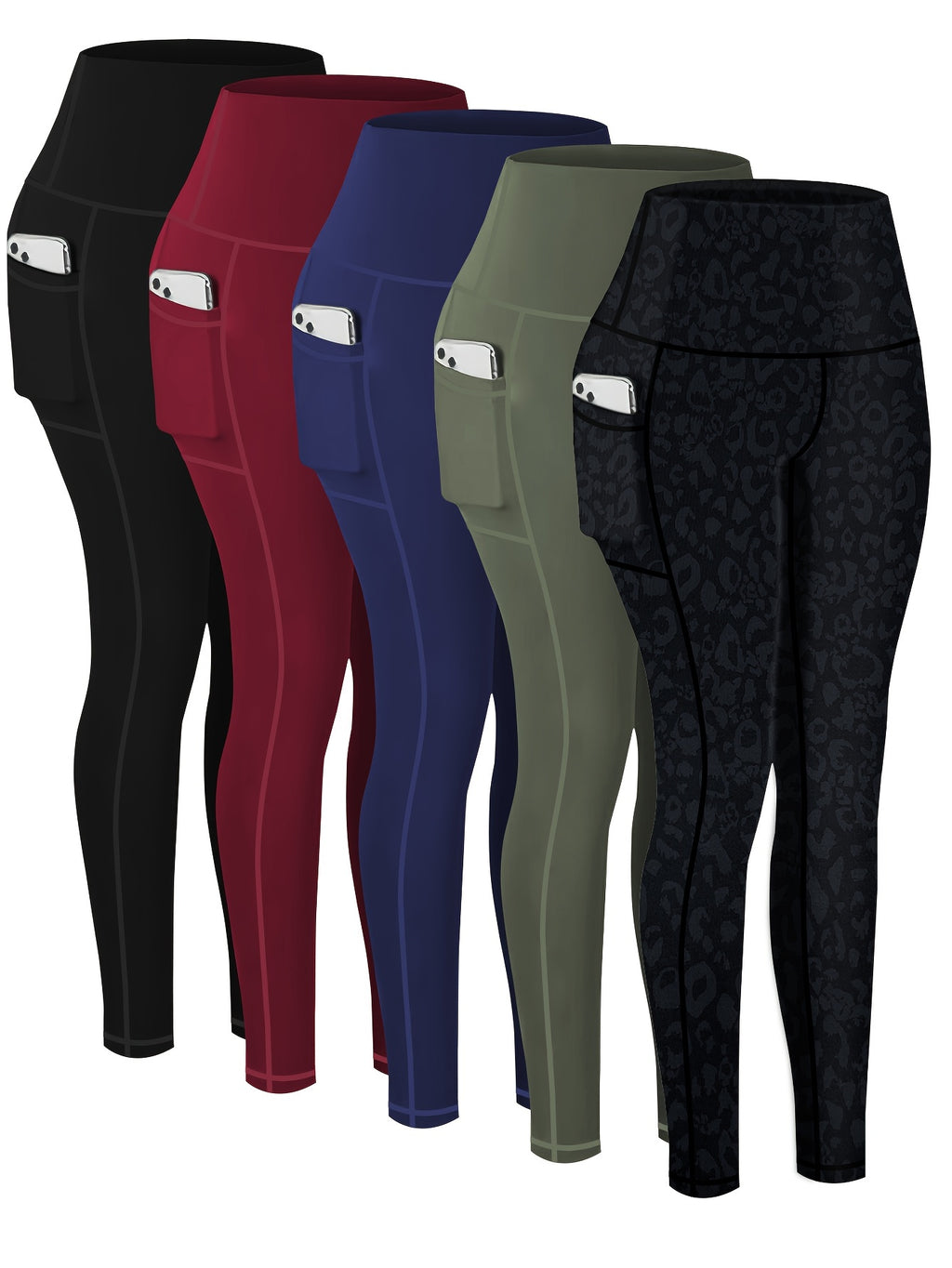 5 pairs - Women's Plus Size Sports Leggings - High-Waisted Cropped Yoga Pants with Pockets - Fitness Running Compression Tights For Women, High-Waisted Cropped Yoga Pants With Pockets, Fitness Running Compression Tights