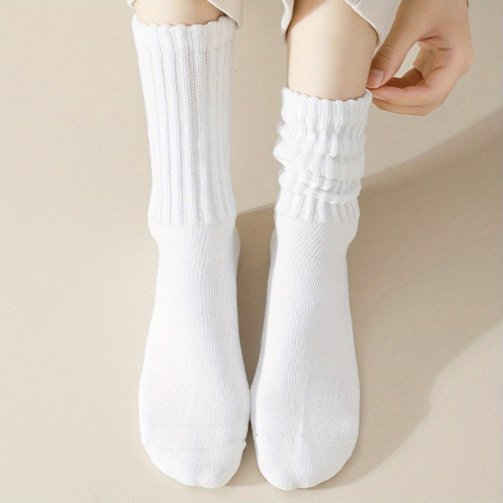 3 Pairs - Warm Winter Socks - Unisex Breathable Mid Calf Socks - Solid Color Stacked Long Socks