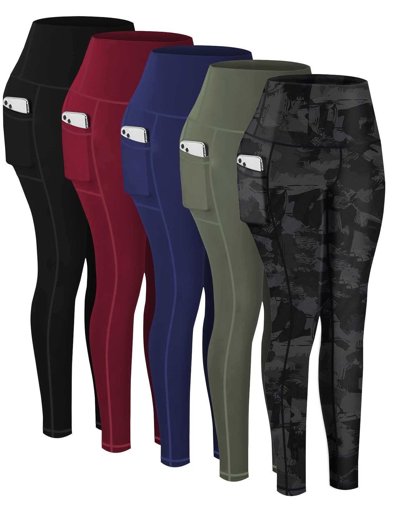 5 pairs - Women's Plus Size Sports Leggings - High-Waisted Cropped Yoga Pants with Pockets - Fitness Running Compression Tights For Women, High-Waisted Cropped Yoga Pants With Pockets, Fitness Running Compression Tights