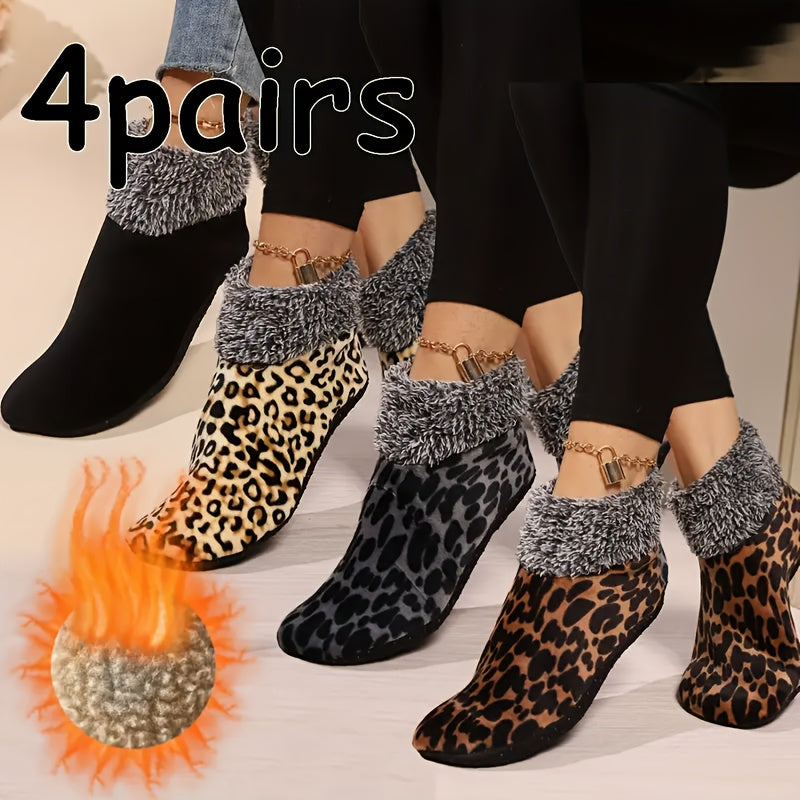 4 Pairs - Women's Winter Leopard Slipper Socks - Thickened Velvet - Warm House Shoes - Soft &amp; Cozy for Indoor Use