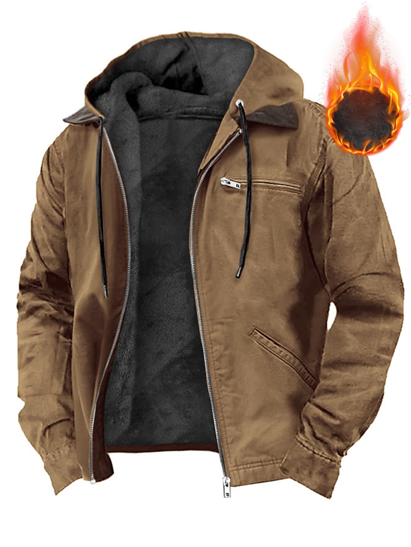 Men's Vintage Oversized Hooded Fleece-Lined Jacket - 350gsm Heavyweight 65% Polyester/35% Fleece Blend, Full-Zip Front Closure, Full-Zip Hooded Coat with Full-Zip Closure, Machine Washable Winter Jacket For Cold Weather - Ide