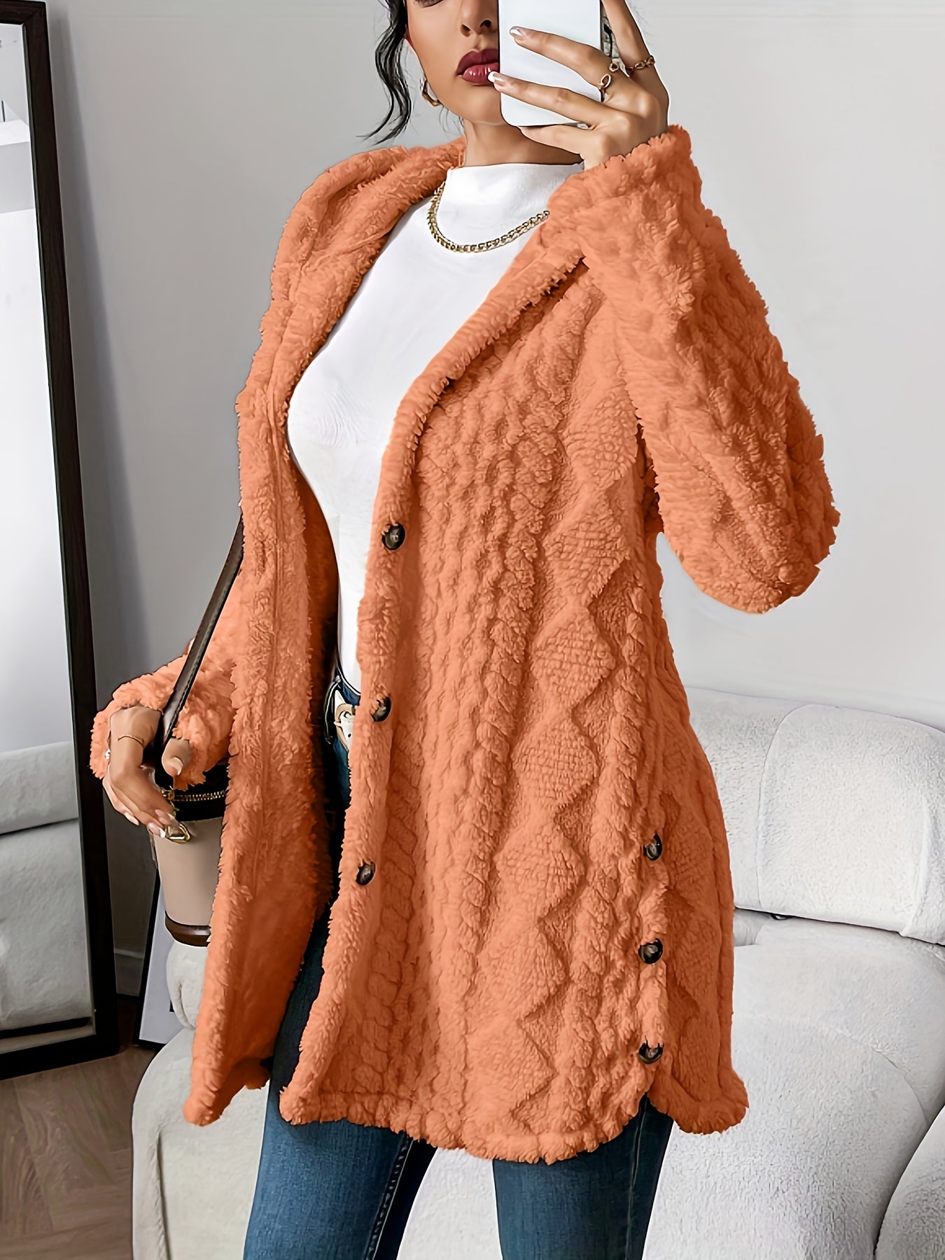 Jacquard Plush Hooded Cardigan Coat