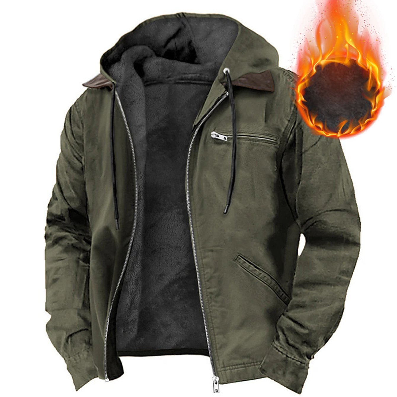 Men's Vintage Oversized Hooded Fleece-Lined Jacket - 350gsm Heavyweight 65% Polyester/35% Fleece Blend, Full-Zip Front Closure, Full-Zip Hooded Coat with Full-Zip Closure, Machine Washable Winter Jacket For Cold Weather - Ide