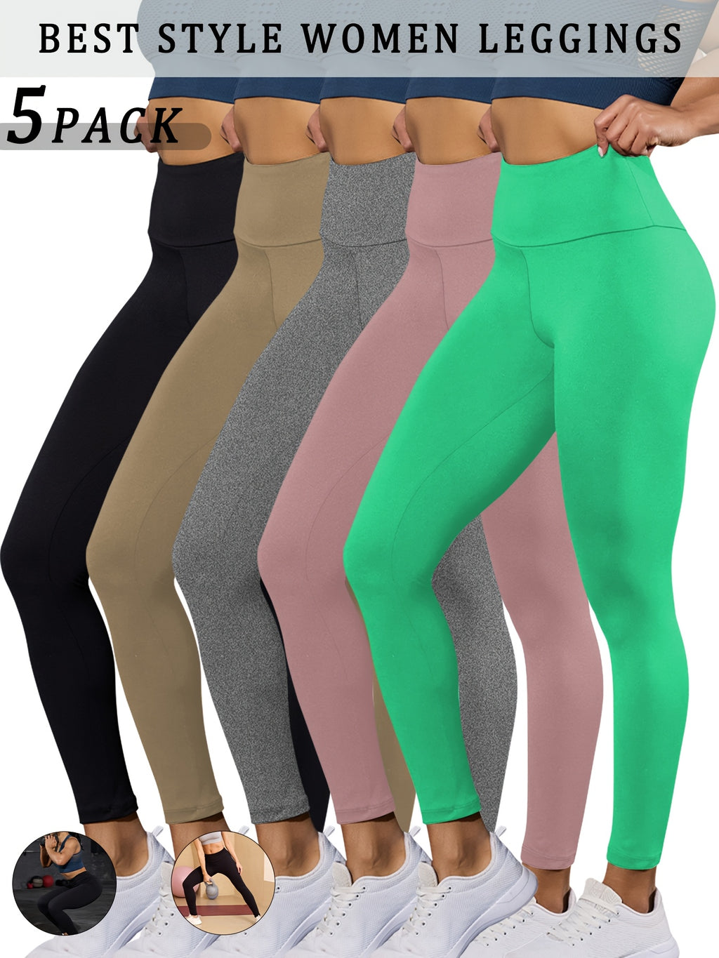 5 pairs - Super Soft Leggings for Women - High Waisted Tummy Control - No See Through Workout, Yoga, Running, Pants Leggings