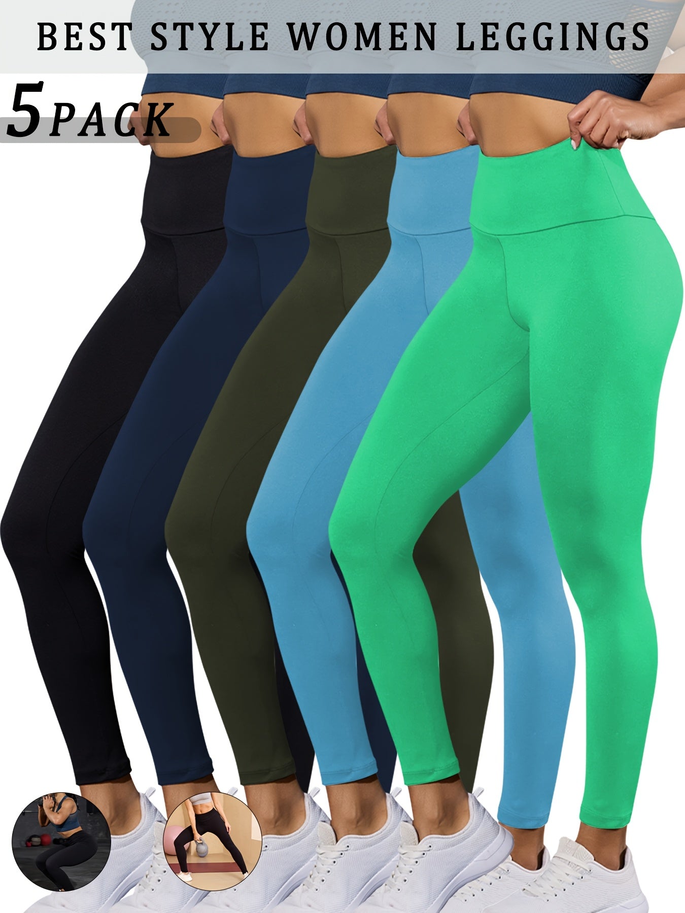 5 pairs - Super Soft Leggings for Women - High Waisted Tummy Control - No See Through Workout, Yoga, Running, Pants Leggings