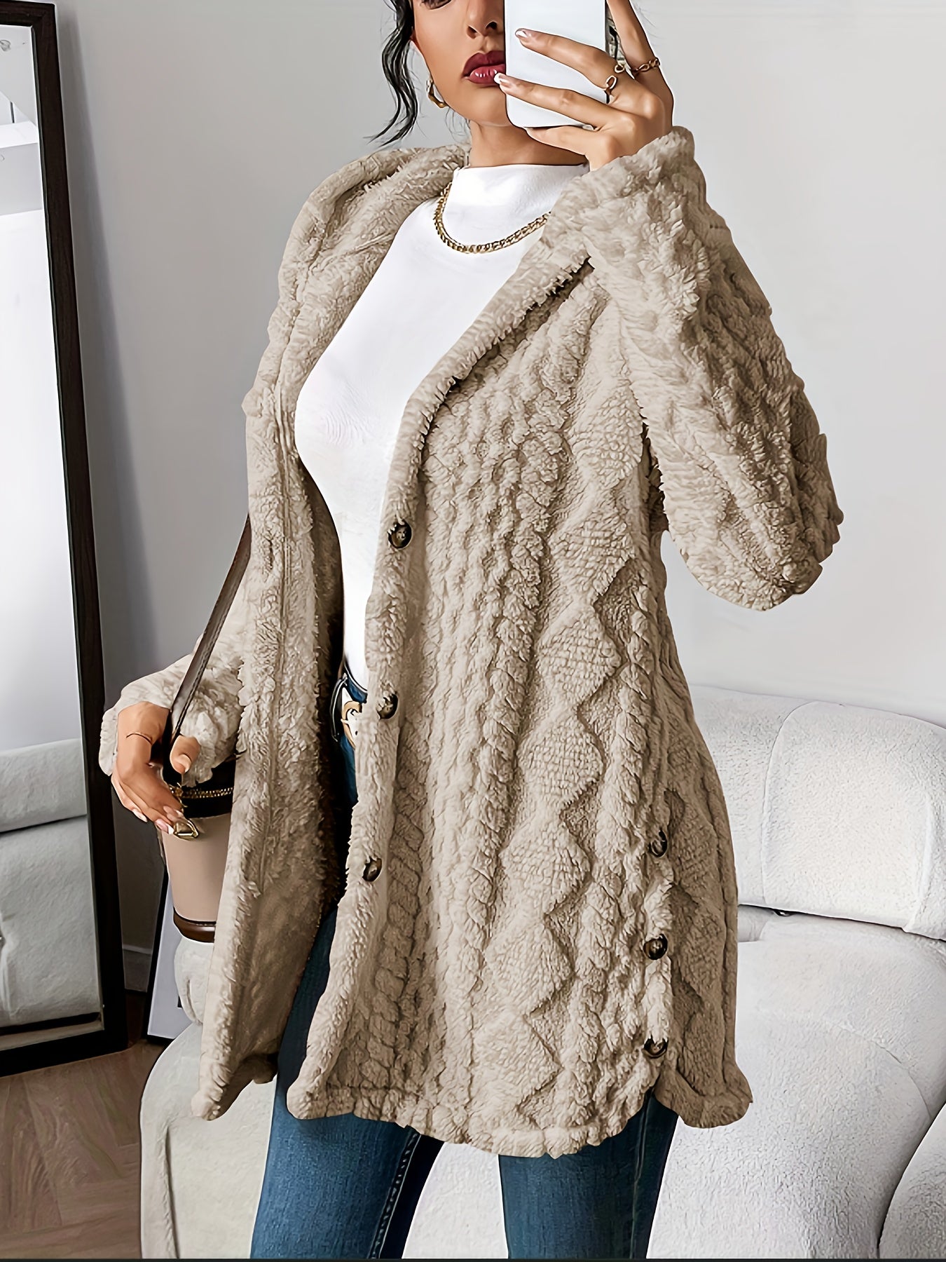 Jacquard Plush Hooded Cardigan Coat