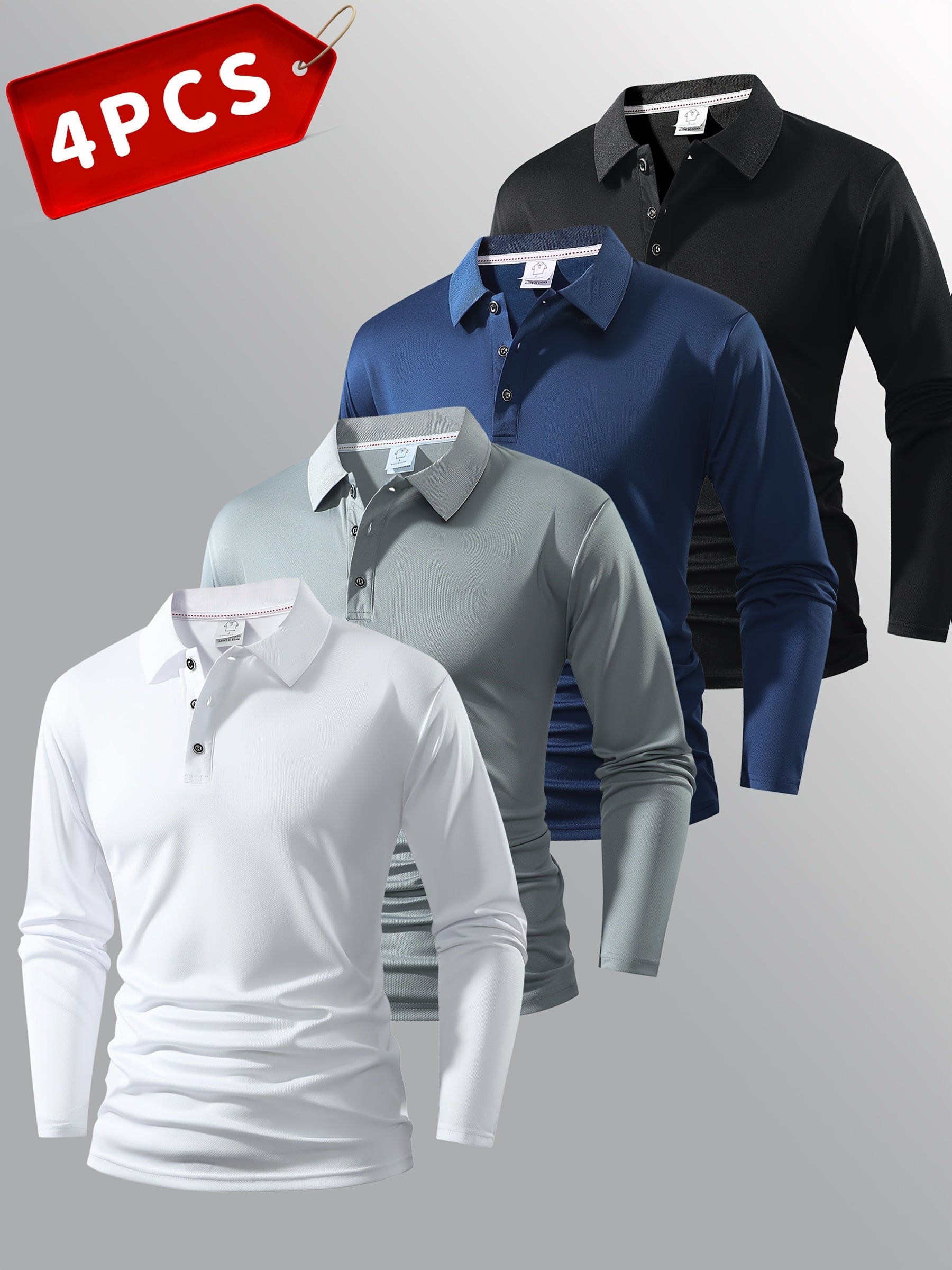 4 Men's Long-Sleeved Polo Shirts - Multiple Colors - Classic Solid Color Design - Versatile and Fashionable Men's Polo Collared Shirts