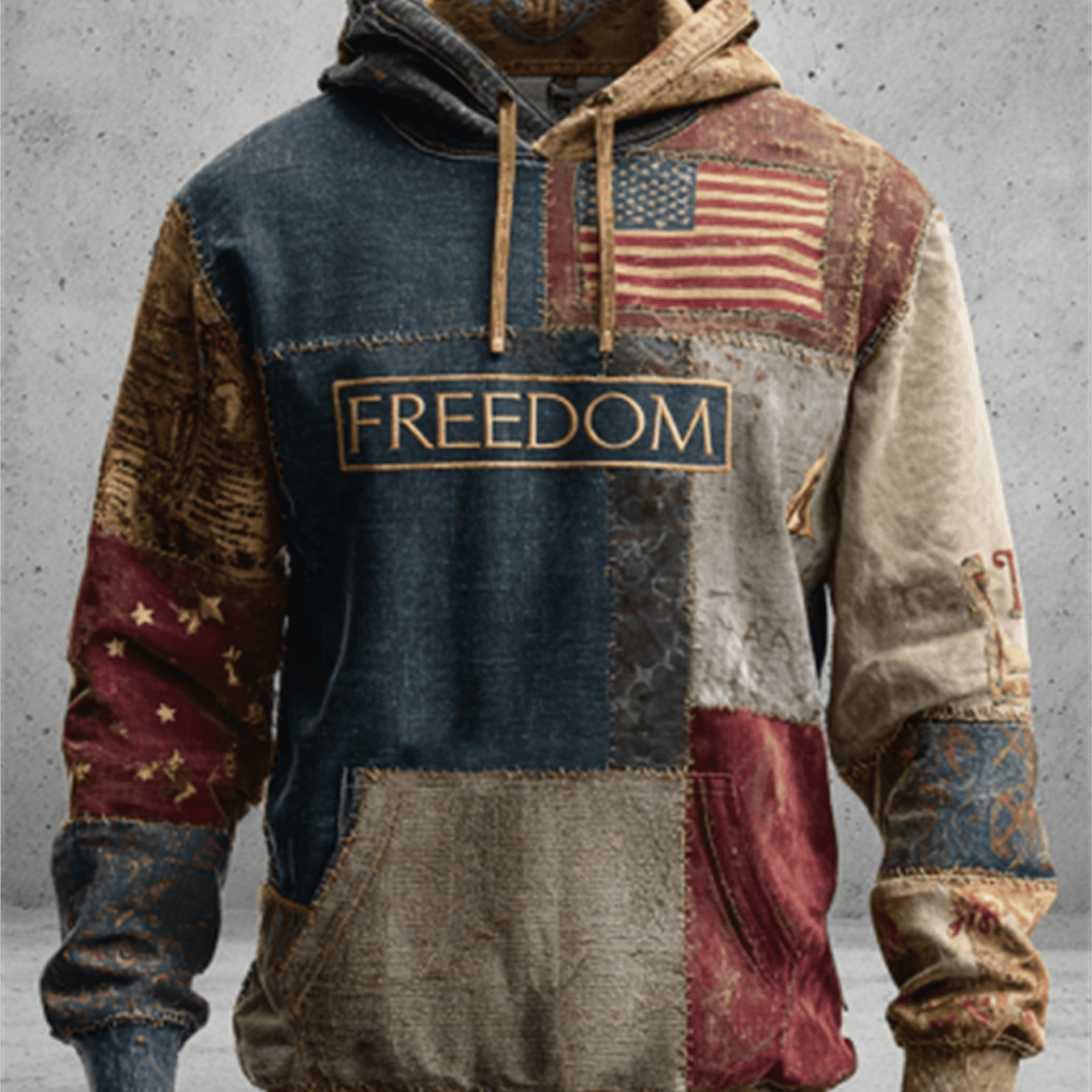 Flag & Freedom Print Hoodie Sweatshirt - 100% Polyester Knit - Vintage Retro Pullover with Pockets - Camouflage Star-Spangled Design