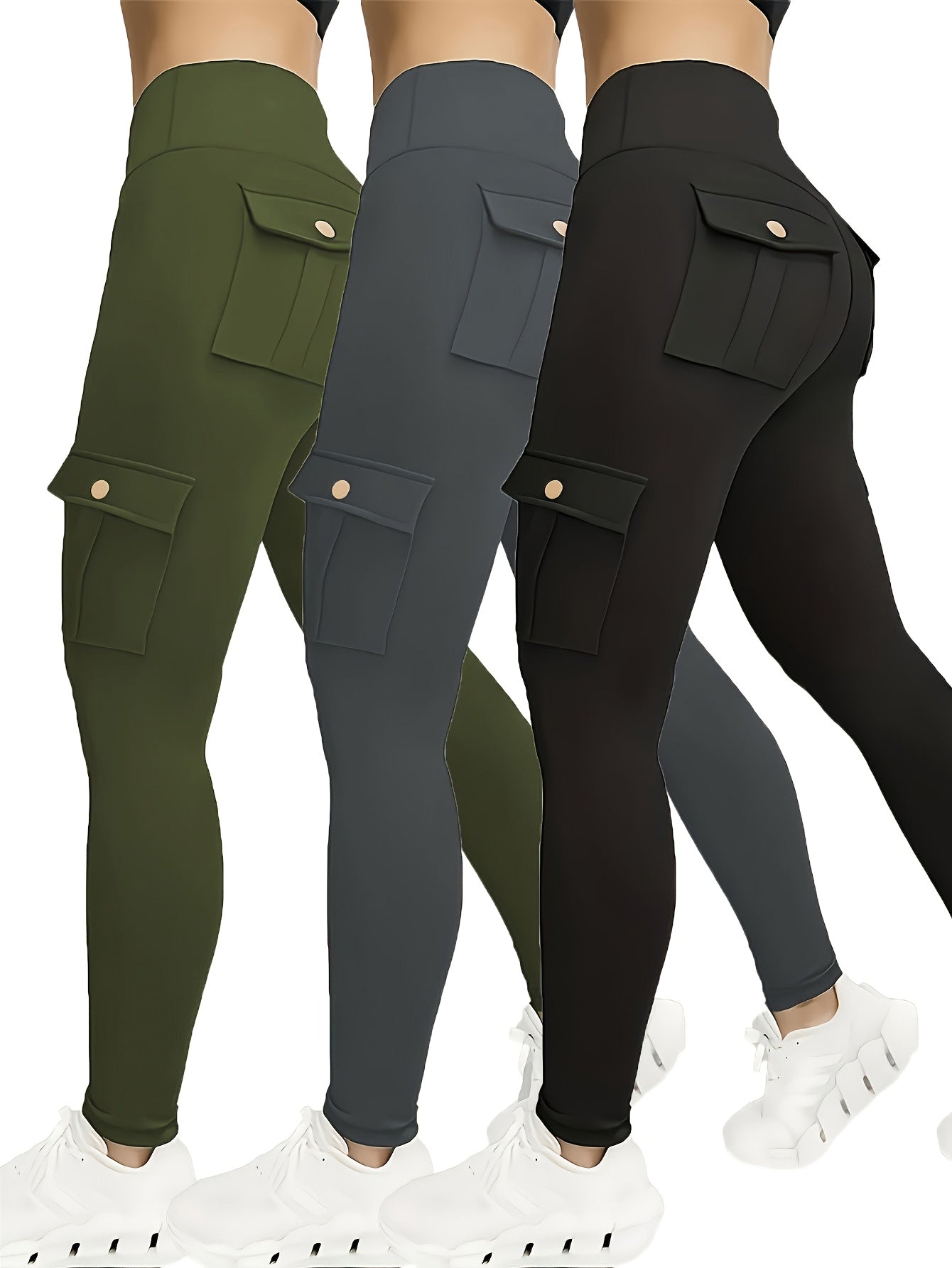 High-Waisted Sports Leggings with Pockets - College-Style Polyester Fabric with Stretch Waist - Yoga Pants - Solid Color Tight Leggings - Plus Size Leggings