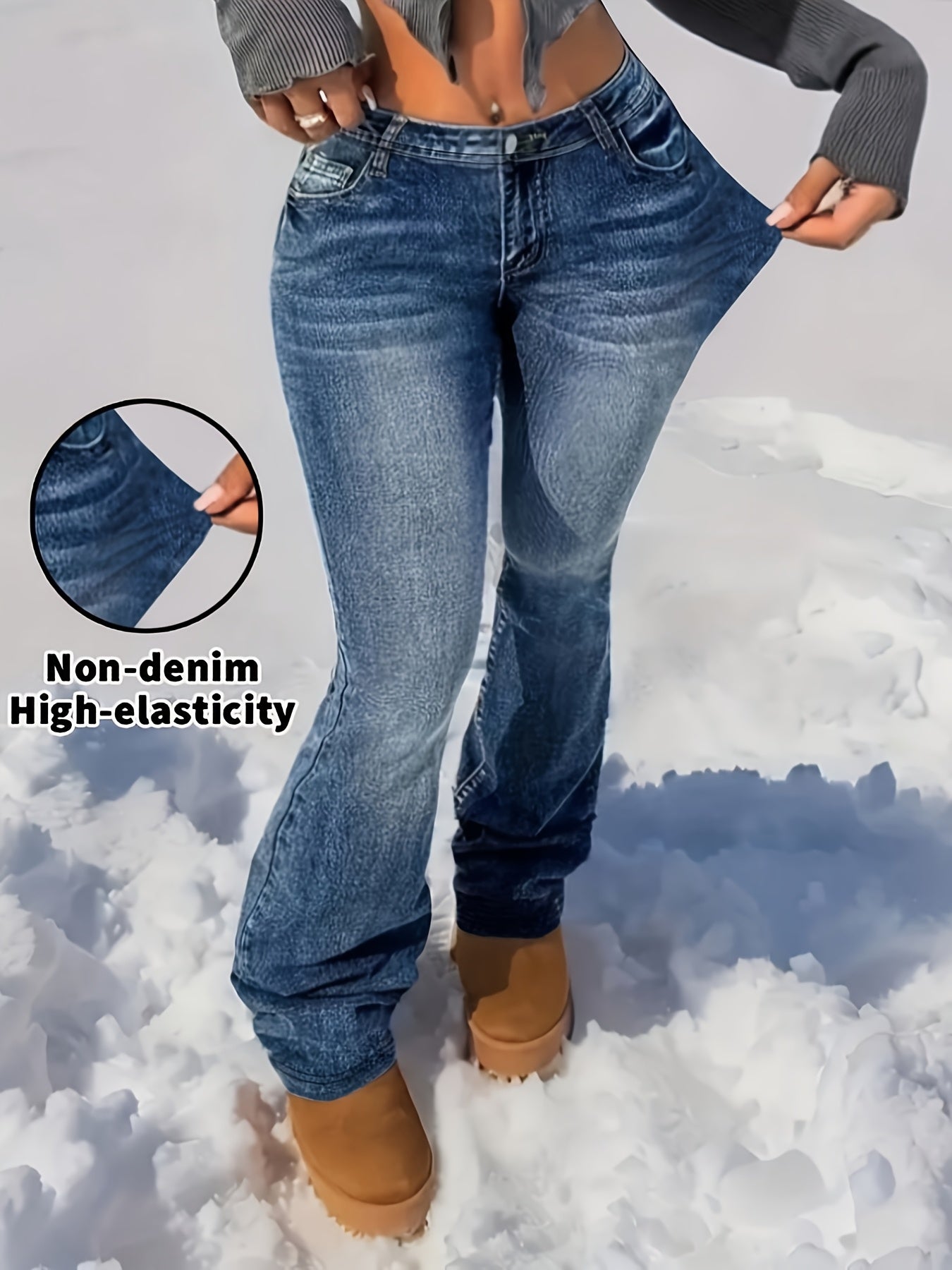 Women's High-Waisted Stretch Imitation Denim Bell-Bottom Jeans