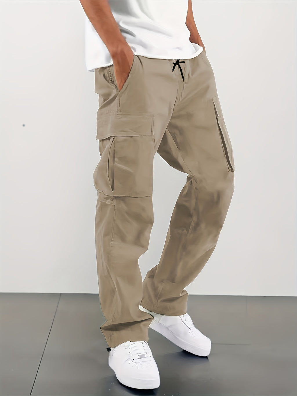 4 pairs - Men's Loose Drawstring Waist Work Pants - Multi-Pocket Stretch High Waisted Trendy Street Style Breathable Casual Trousers