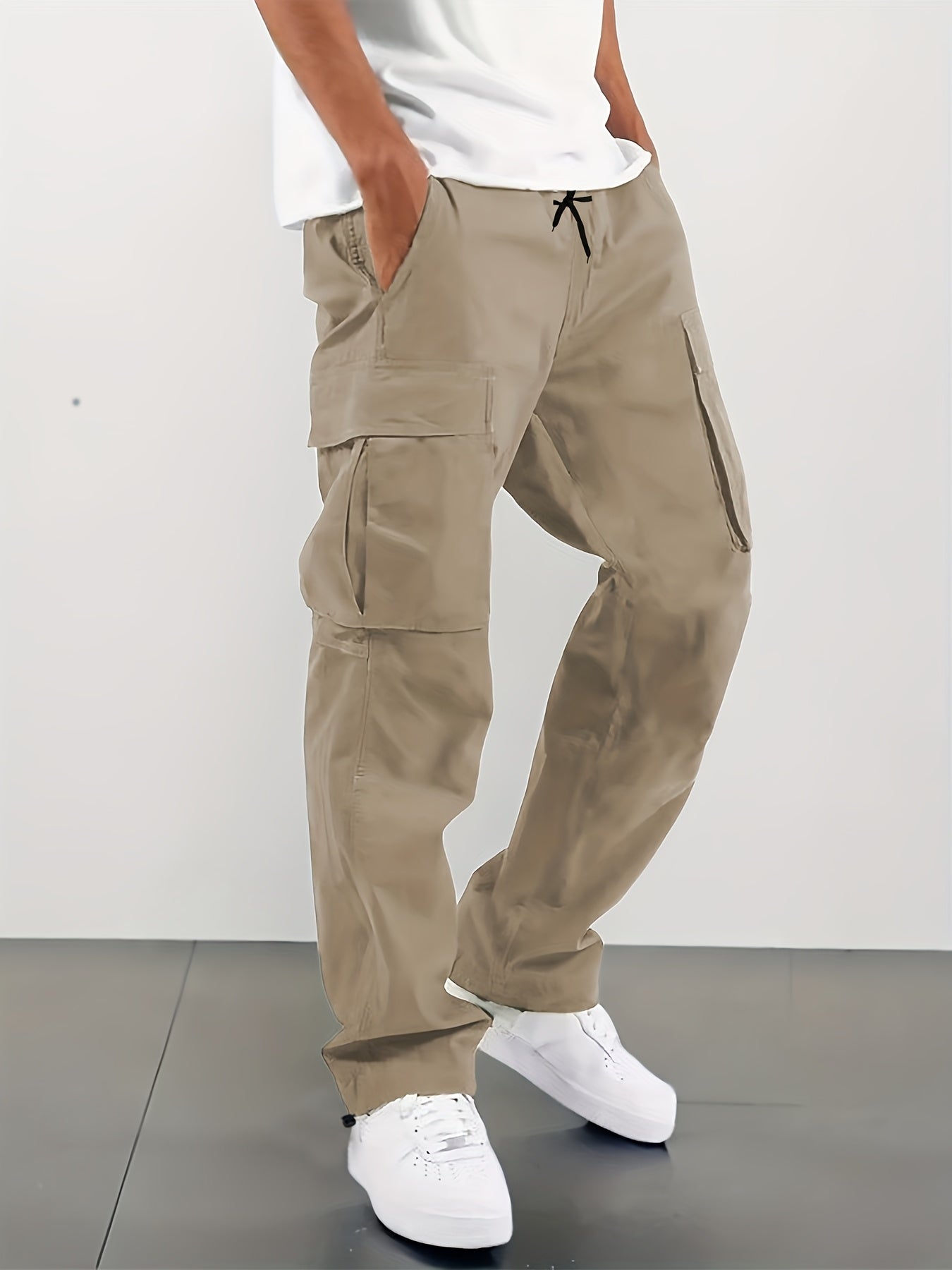 4 pairs - Men's Loose Drawstring Waist Work Pants - Multi-Pocket Stretch High Waisted Trendy Street Style Breathable Casual Trousers