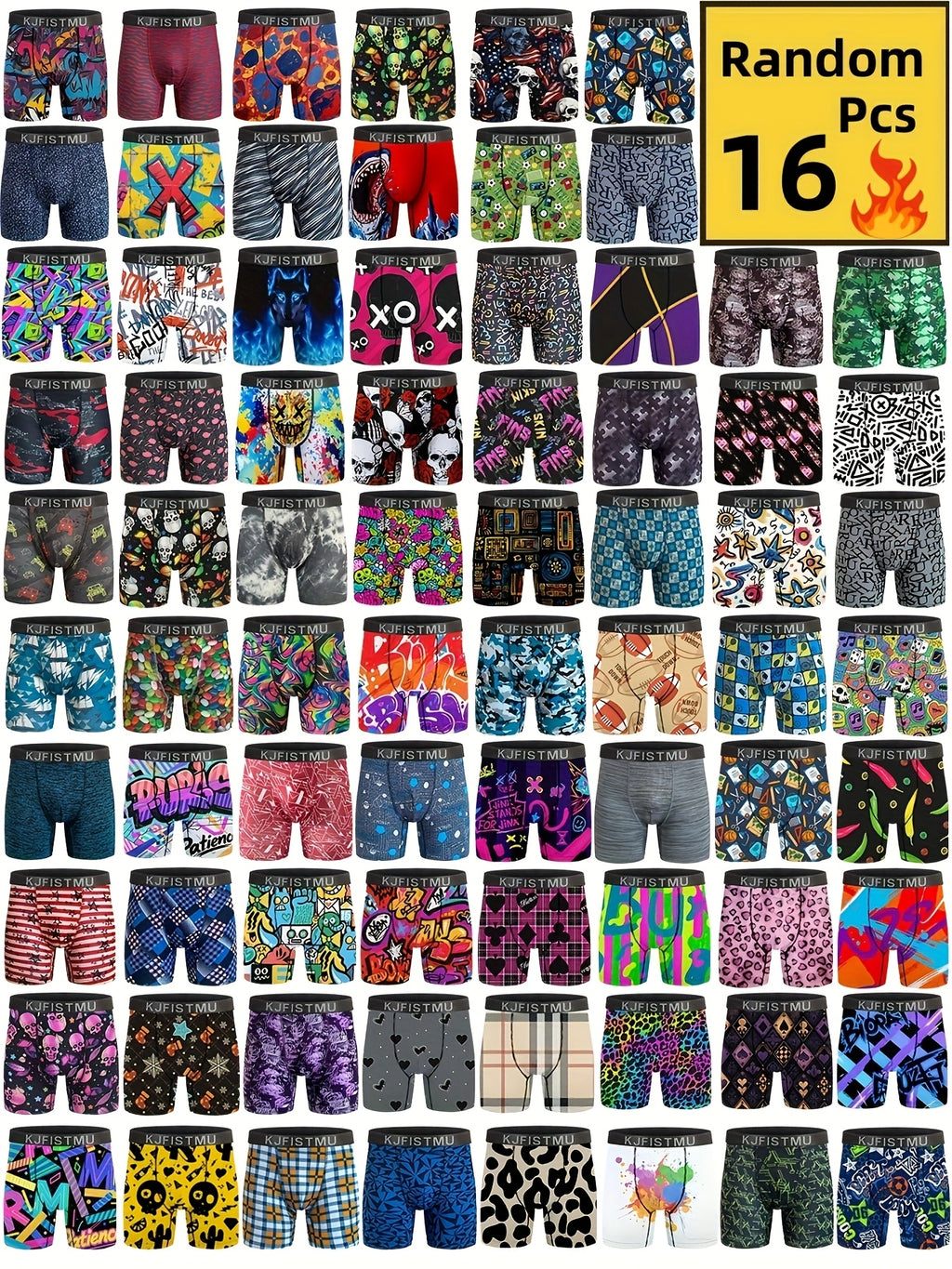16 pairs - Random Men's Graffiti, Letter, Striped, Printed, Boxer Brief Shorts - Comfortable Loose Shorts, Breathable, Soft, Elastic Waistband, Quick-drying - Suitable For Daily Wear And Sports, Can Be Worn In All Seasons