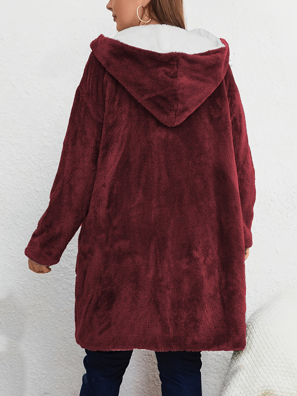 Women's Plus Size Plush Hooded Jacket - Oversized Coat with Soft Plush Fabric - Machine Washable, Burgundy &amp; White Trim - Mid-Length Long Sleeve Casual Outerwear in a Cozy Warm Jacket