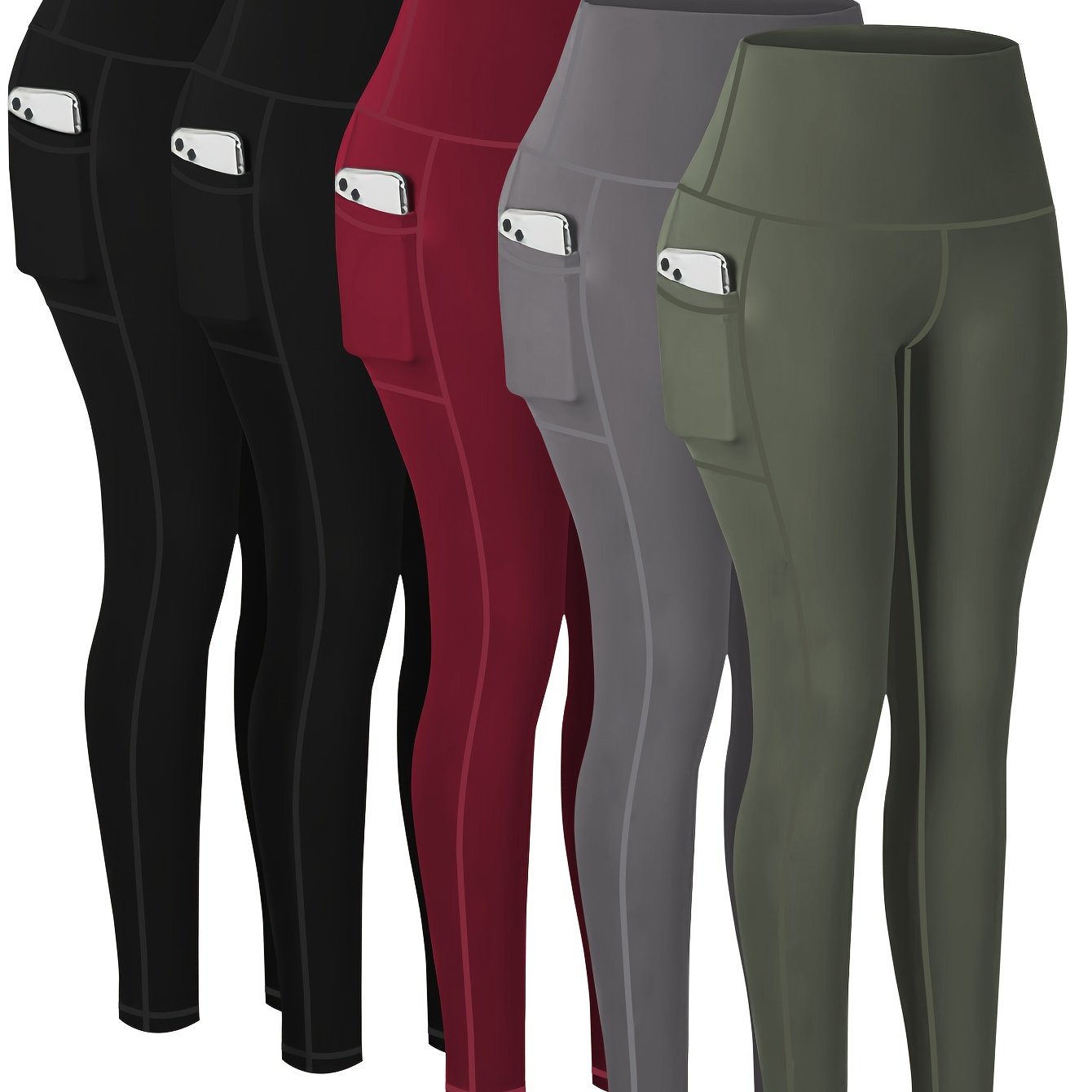 5 pairs - Women's Plus Size Sports Leggings - High-Waisted Cropped Yoga Pants with Pockets - Fitness Running Compression Tights For Women, High-Waisted Cropped Yoga Pants With Pockets, Fitness Running Compression Tights