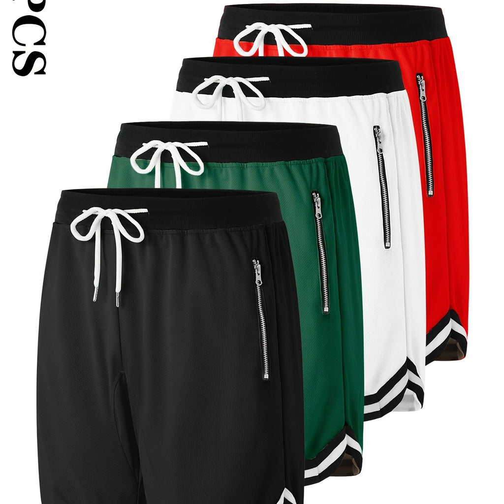 4 pairs - Men's Casual Athletic Shorts with Zipper Pockets - Breathable Polyester, Elastic Waistband with Drawstring, Multi-Color (Black/White/Green/Red) Striped Side Panels for Basketball, Sports &amp; Casual Wear - Machine Washable