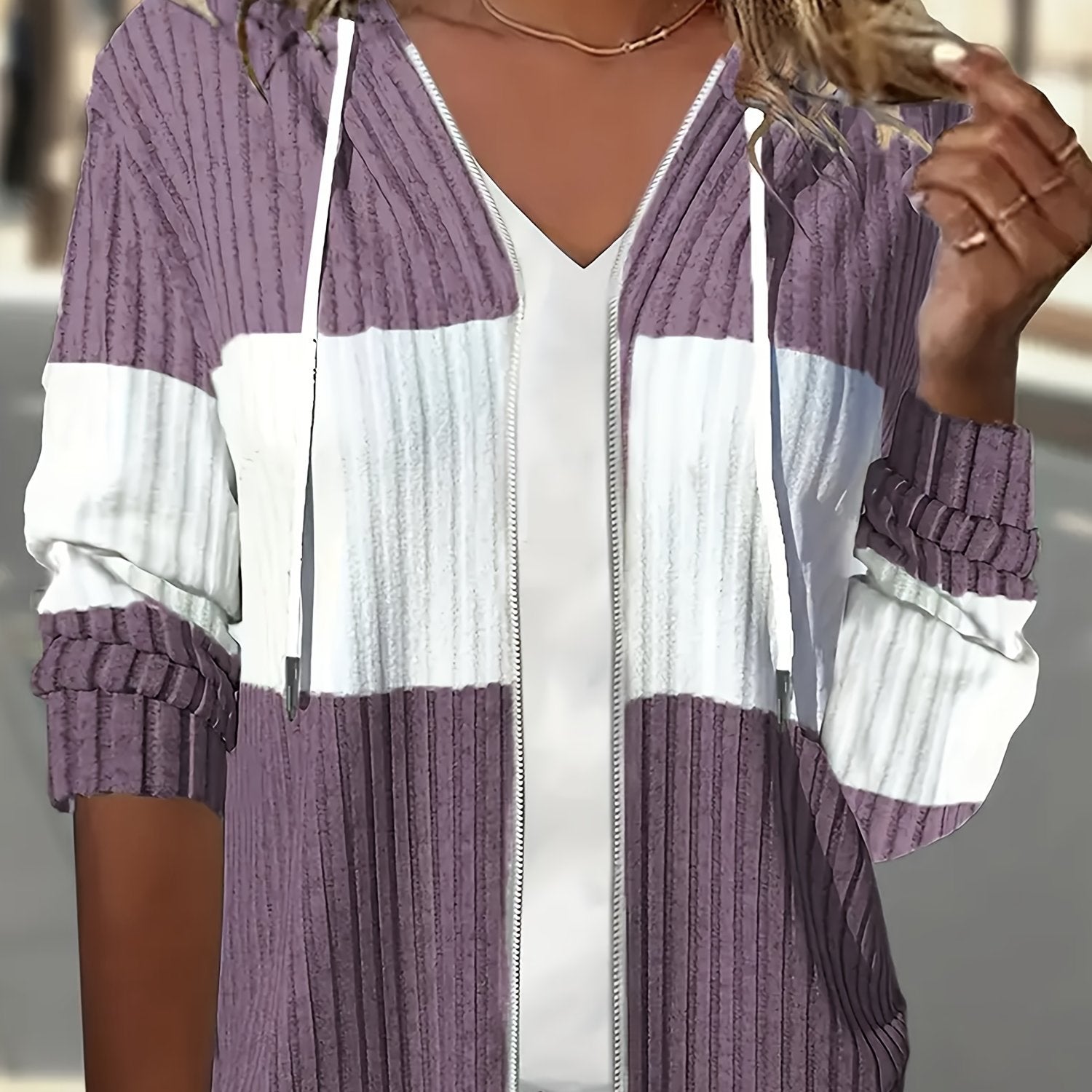 Color Block Zip-up Hoodie Jacket - Casual Long Sleeve Drawstring Ribbed Jacket