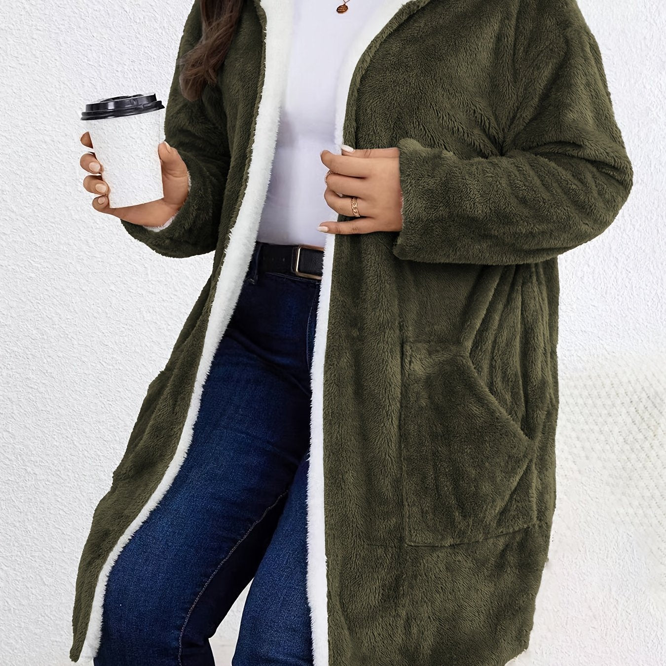 Women's Plus Size Plush Hooded Jacket - Oversized Coat with Soft Plush Fabric - Machine Washable, Burgundy &amp; White Trim - Mid-Length Long Sleeve Casual Outerwear in a Cozy Warm Jacket