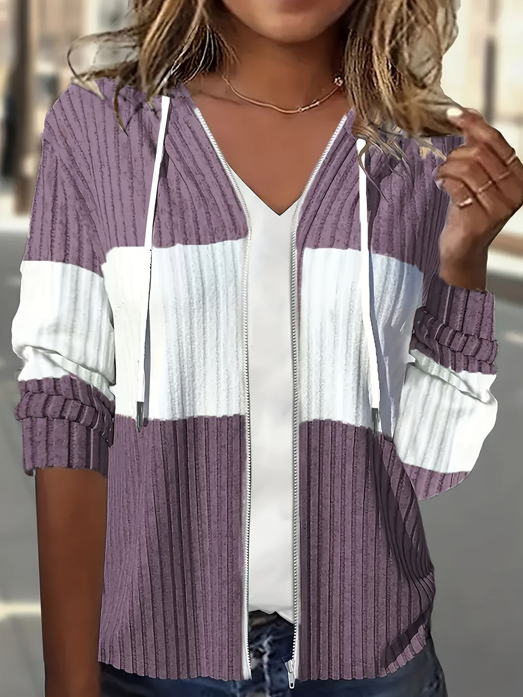 Color Block Zip-up Hoodie Jacket - Casual Long Sleeve Drawstring Ribbed Jacket