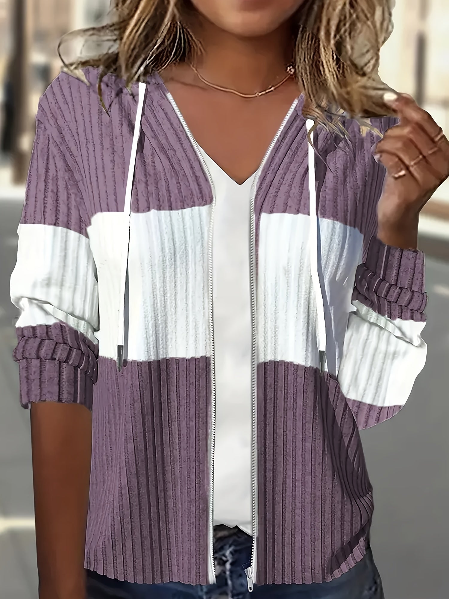 Color Block Zip-up Hoodie Jacket - Casual Long Sleeve Drawstring Ribbed Jacket