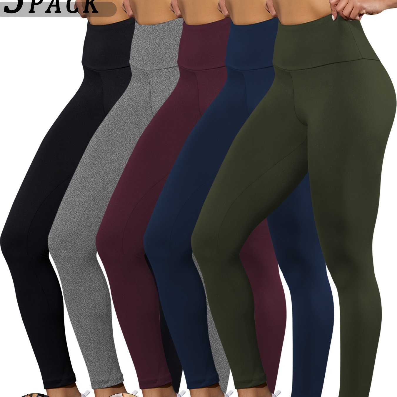 5 pairs - Super Soft Leggings for Women - High Waisted Tummy Control - No See Through Workout, Yoga, Running, Pants Leggings