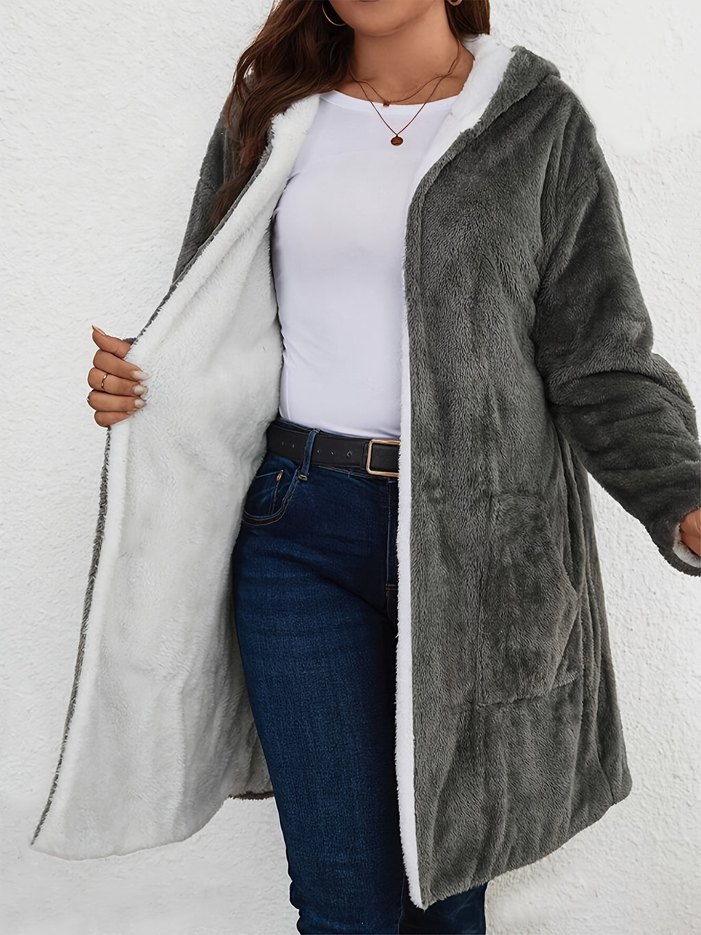 Women's Plus Size Plush Hooded Jacket - Oversized Coat with Soft Plush Fabric - Machine Washable, Burgundy &amp; White Trim - Mid-Length Long Sleeve Casual Outerwear in a Cozy Warm Jacket