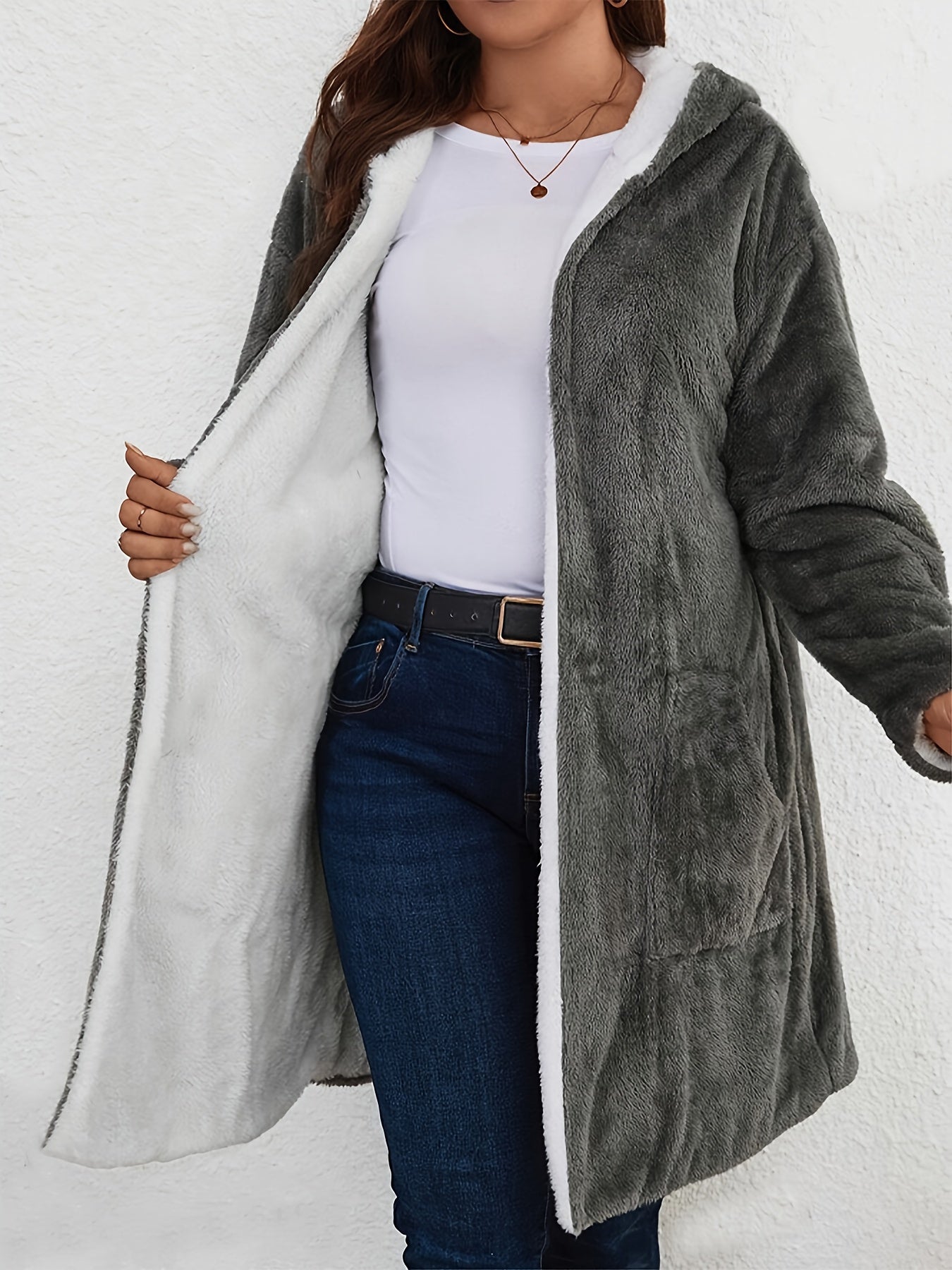 Women's Plus Size Plush Hooded Jacket - Oversized Coat with Soft Plush Fabric - Machine Washable, Burgundy &amp; White Trim - Mid-Length Long Sleeve Casual Outerwear in a Cozy Warm Jacket
