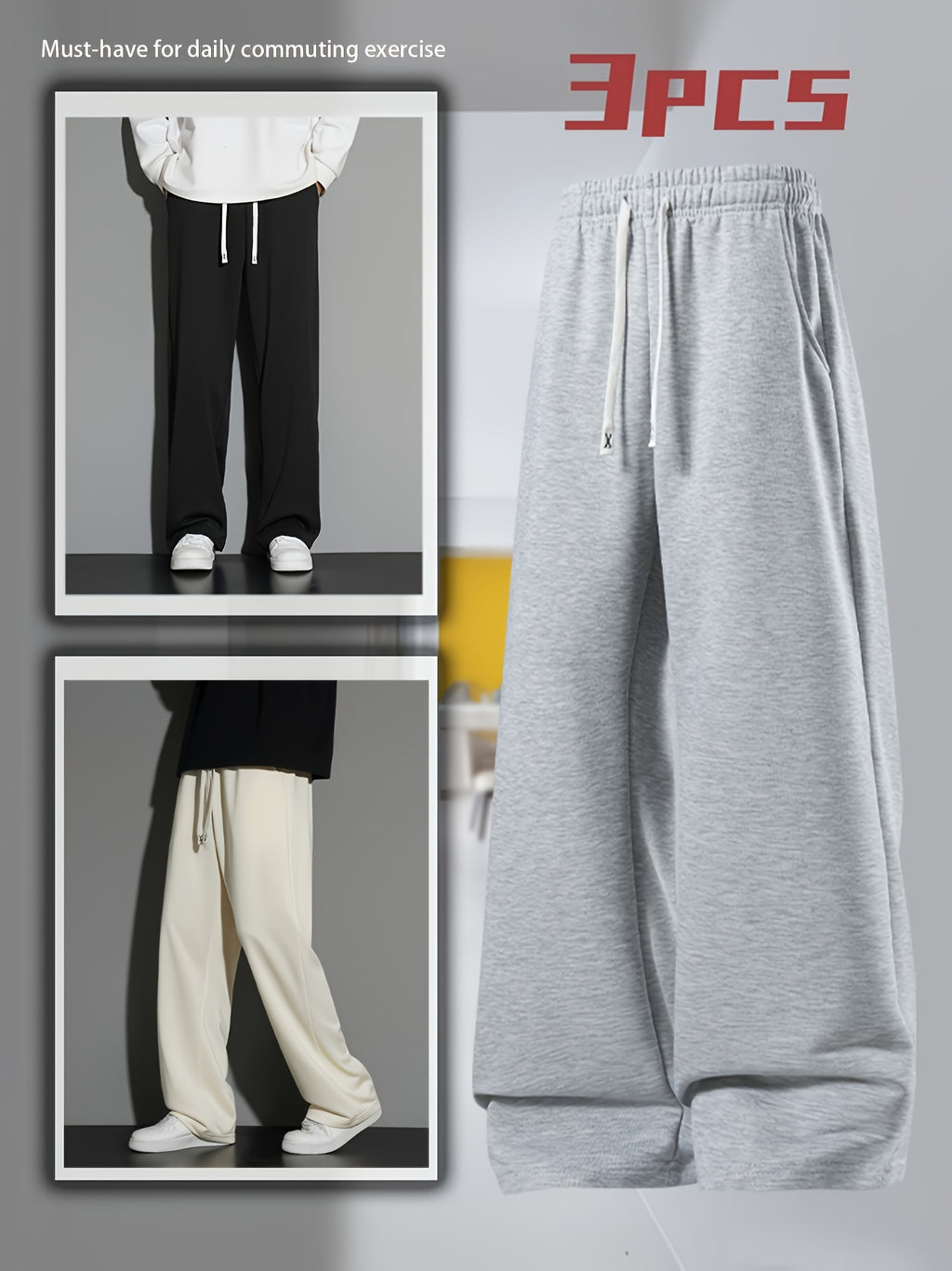 3 pairs - Women's Long Pants Soft Joggers - Loose Fit, Elastic Waist With Drawstring, Two Side Pockets