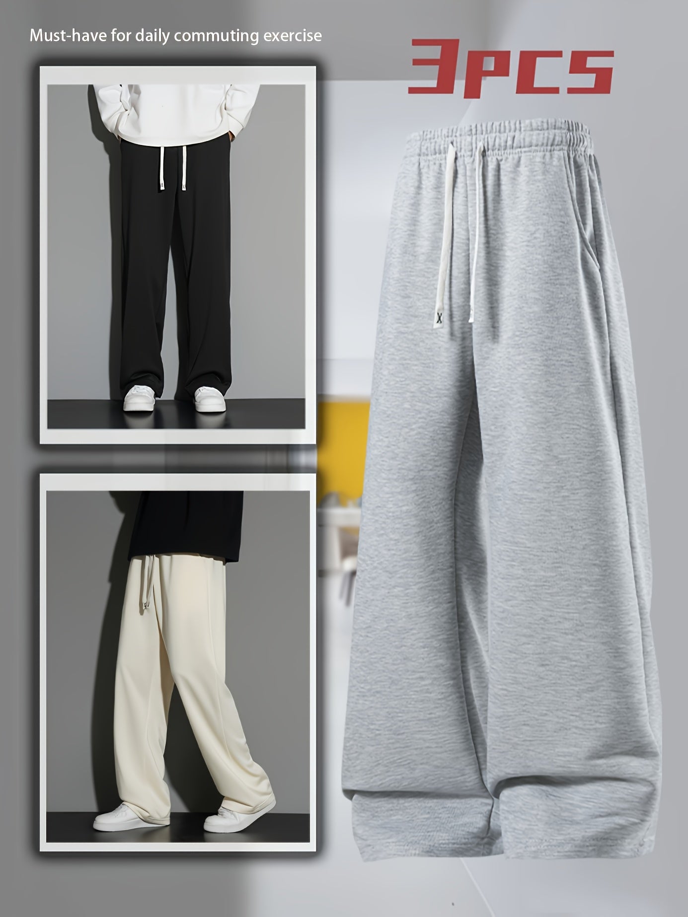 3 pairs - Women's Long Pants Soft Joggers - Loose Fit, Elastic Waist With Drawstring, Two Side Pockets