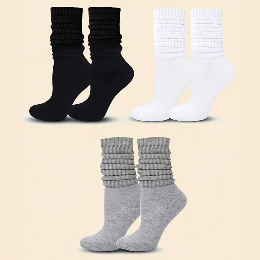 3 Pairs - Warm Winter Socks - Unisex Breathable Mid Calf Socks - Solid Color Stacked Long Socks