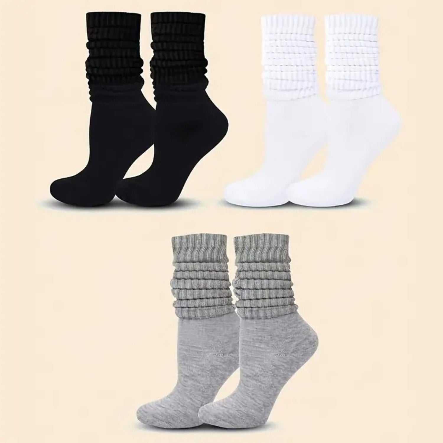 3 Pairs - Warm Winter Socks - Unisex Breathable Mid Calf Socks - Solid Color Stacked Long Socks