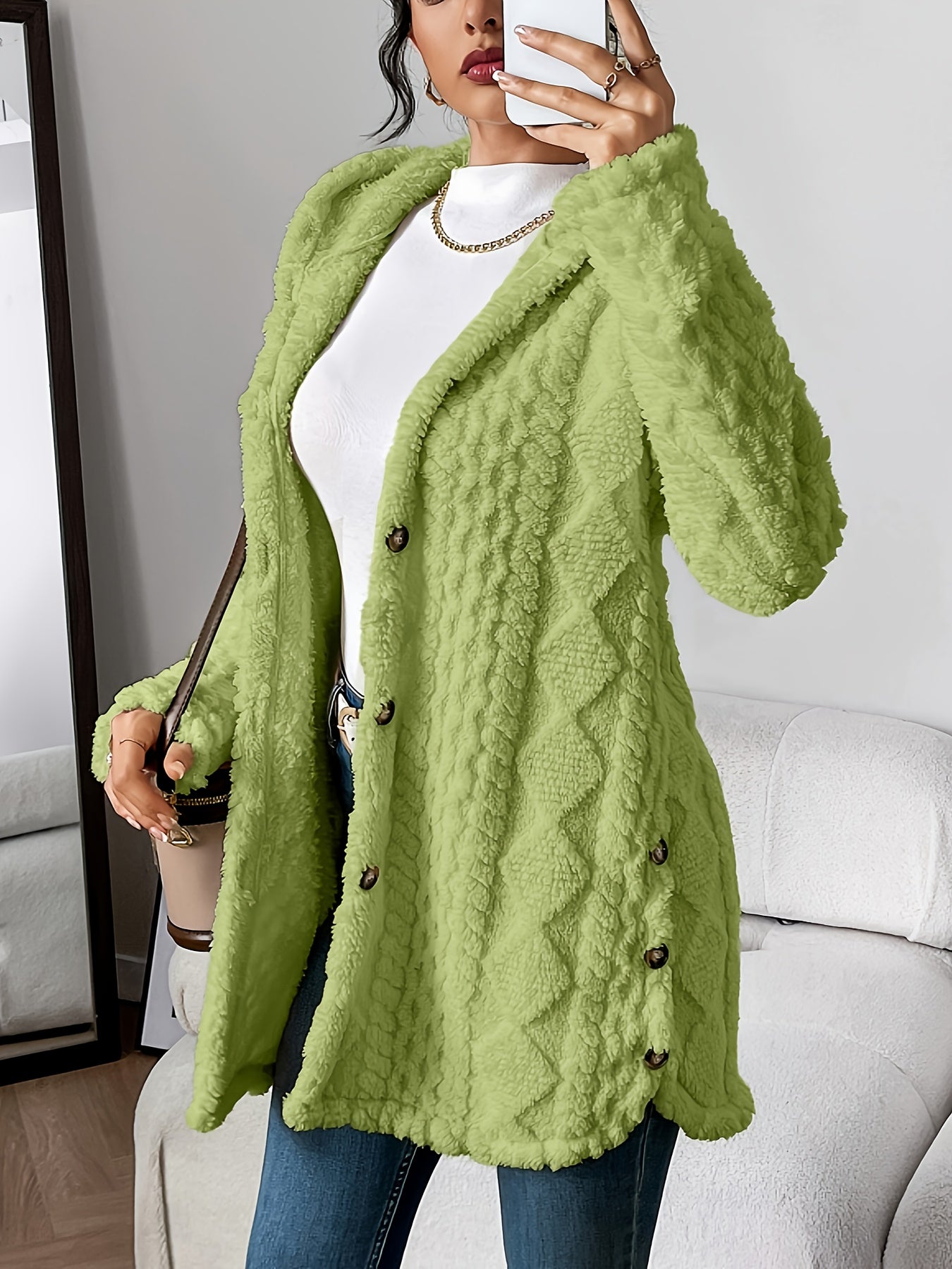 Jacquard Plush Hooded Cardigan Coat