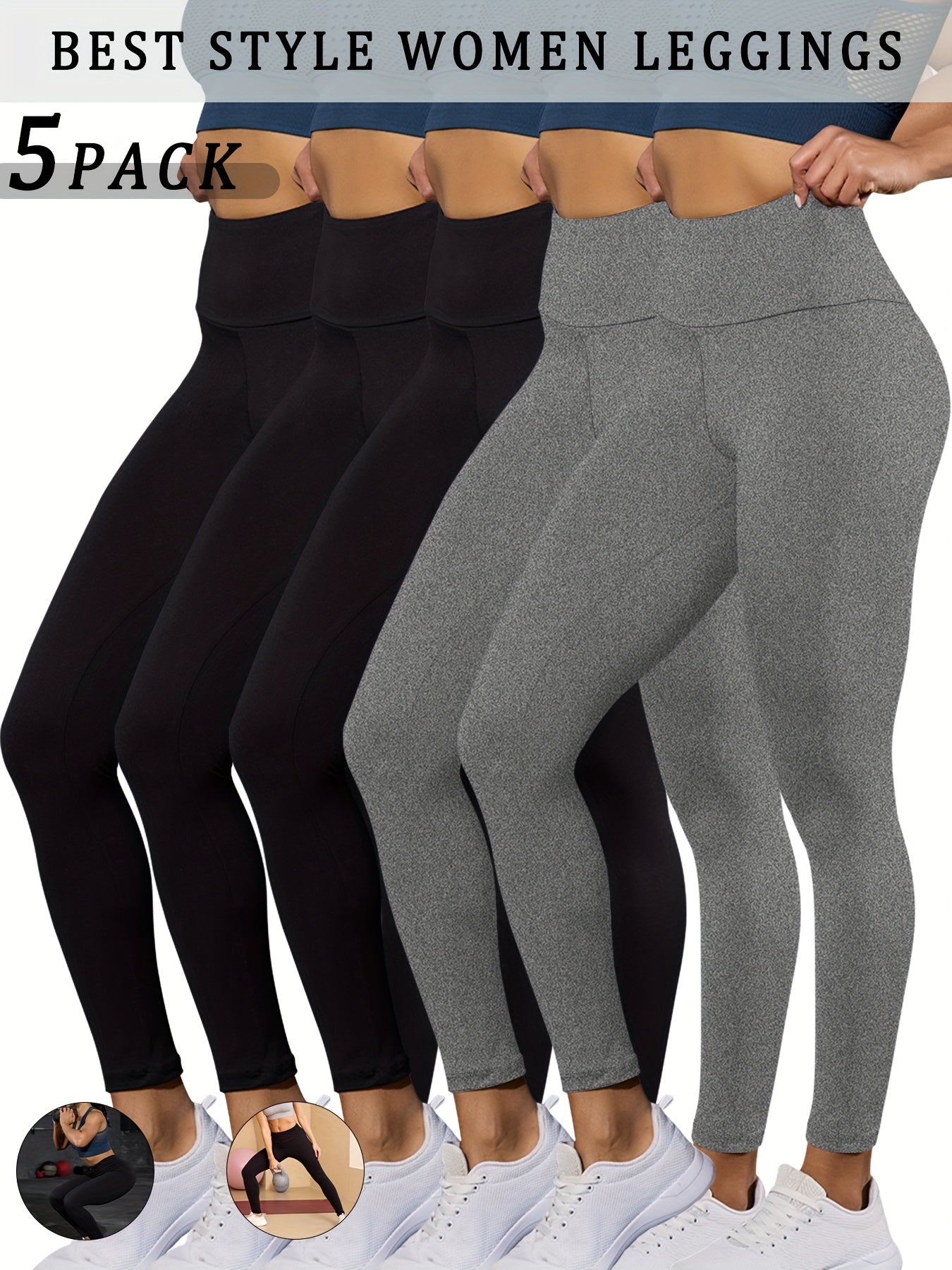 5 pairs - Super Soft Leggings for Women - High Waisted Tummy Control - No See Through Workout, Yoga, Running, Pants Leggings