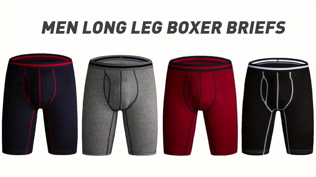4 pairs - Men's Cotton Boxer Briefs with Open Fly Pouch - Long Leg - Slimming Shapewear - Moisture Wicking &amp; Breathable - Ideal for Sports &amp; Cycling - Stretchy Support in Black, White, Red, Navy