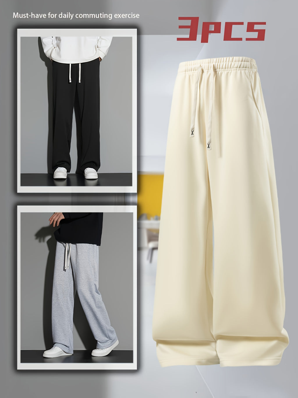 3 pairs - Women's Long Pants Soft Joggers - Loose Fit, Elastic Waist With Drawstring, Two Side Pockets