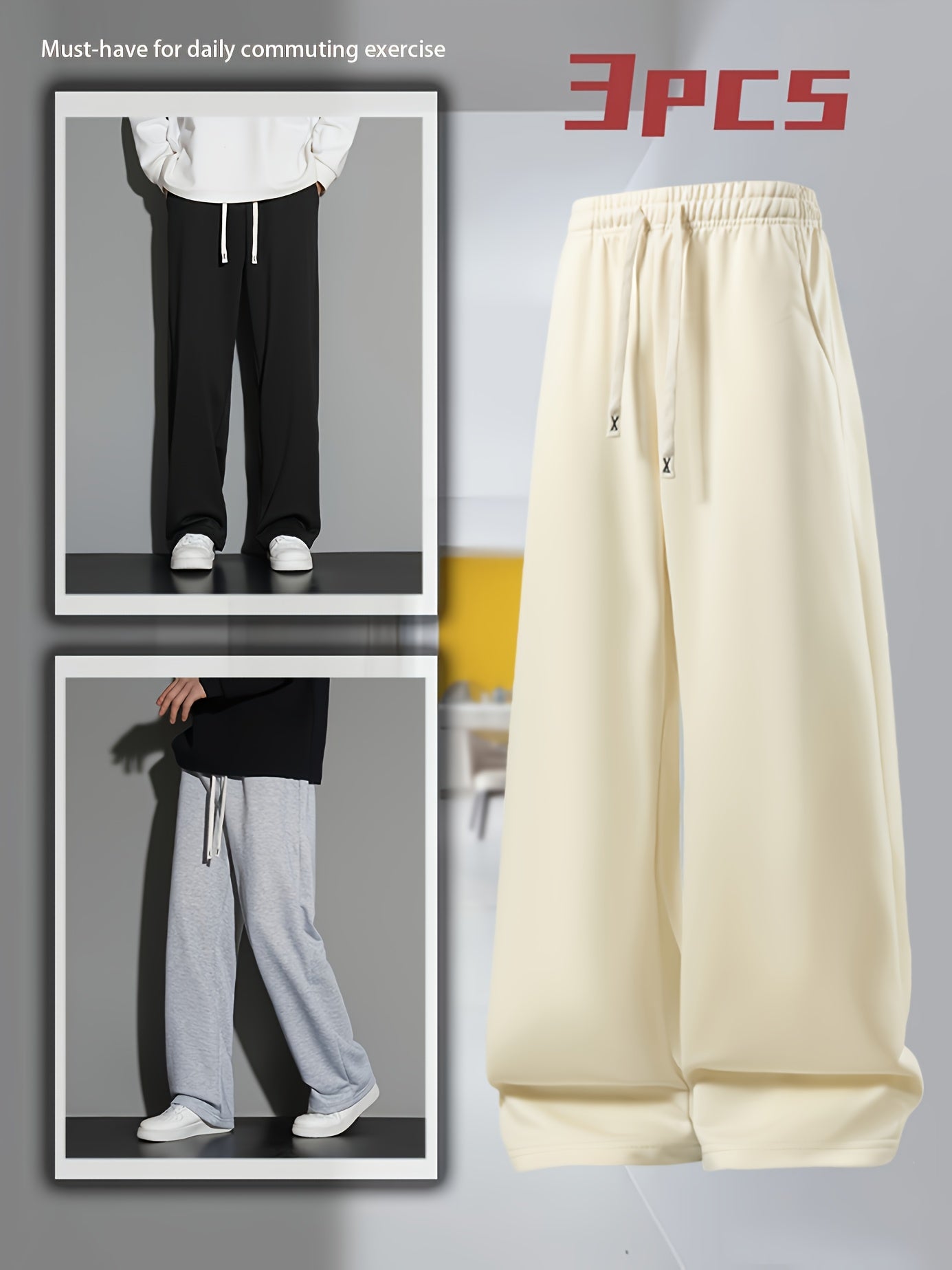 3 pairs - Women's Long Pants Soft Joggers - Loose Fit, Elastic Waist With Drawstring, Two Side Pockets