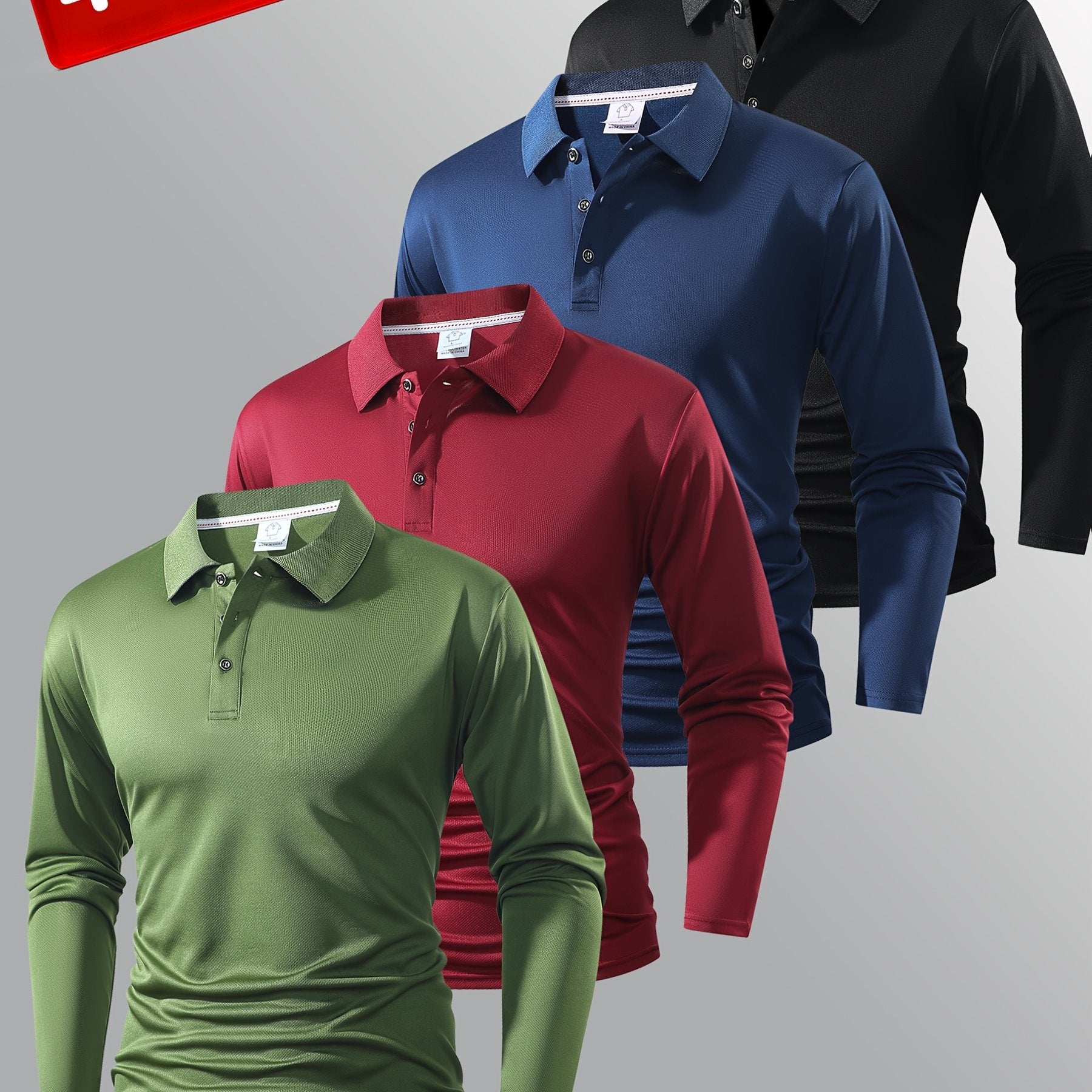 4 Men's Long-Sleeved Polo Shirts - Multiple Colors - Classic Solid Color Design - Versatile and Fashionable Men's Polo Collared Shirts