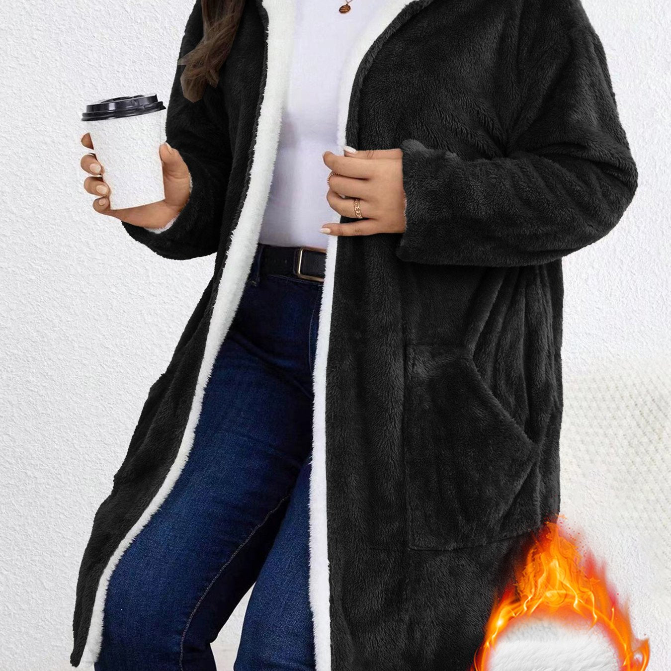 Women's Plus Size Plush Hooded Jacket - Oversized Coat with Soft Plush Fabric - Machine Washable, Burgundy &amp; White Trim - Mid-Length Long Sleeve Casual Outerwear in a Cozy Warm Jacket