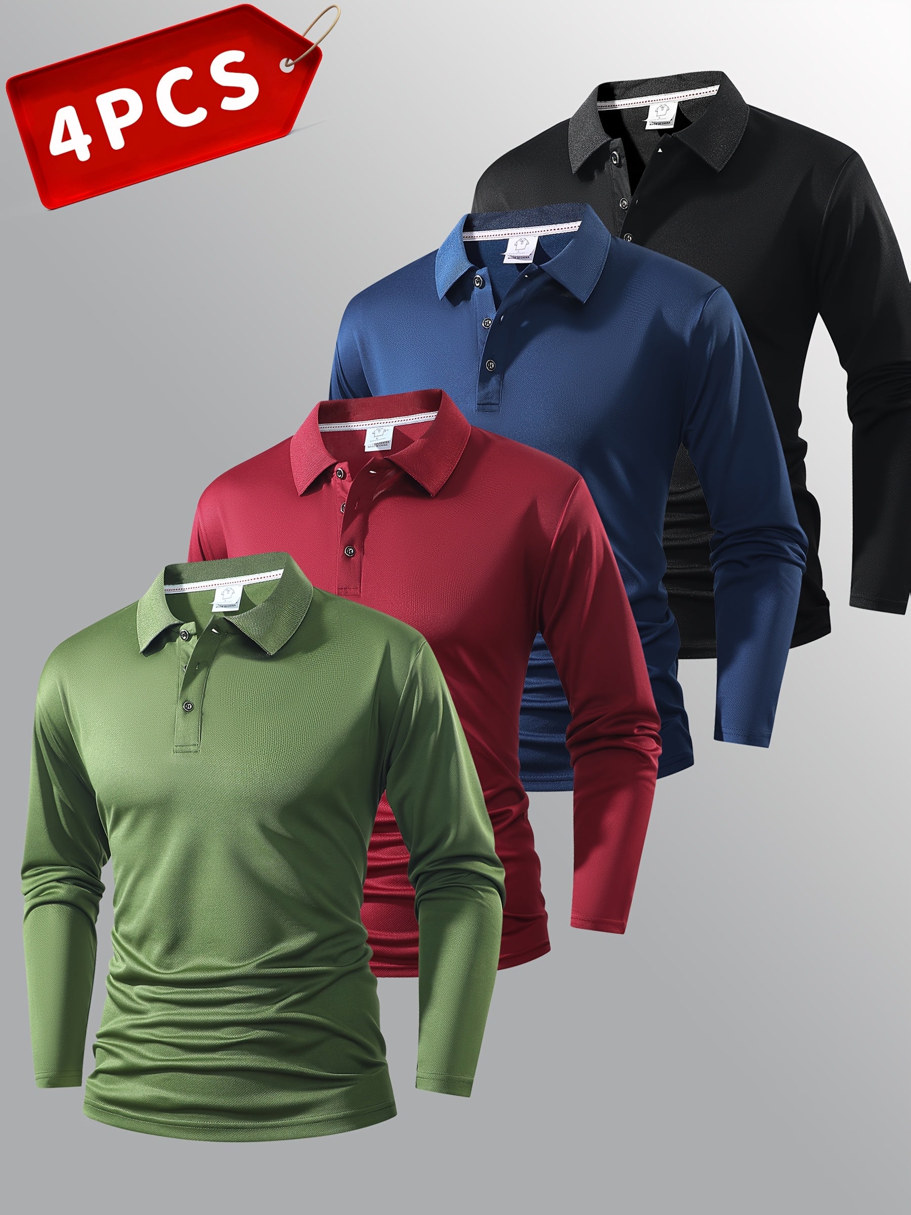 4 Men's Long-Sleeved Polo Shirts - Multiple Colors - Classic Solid Color Design - Versatile and Fashionable Men's Polo Collared Shirts